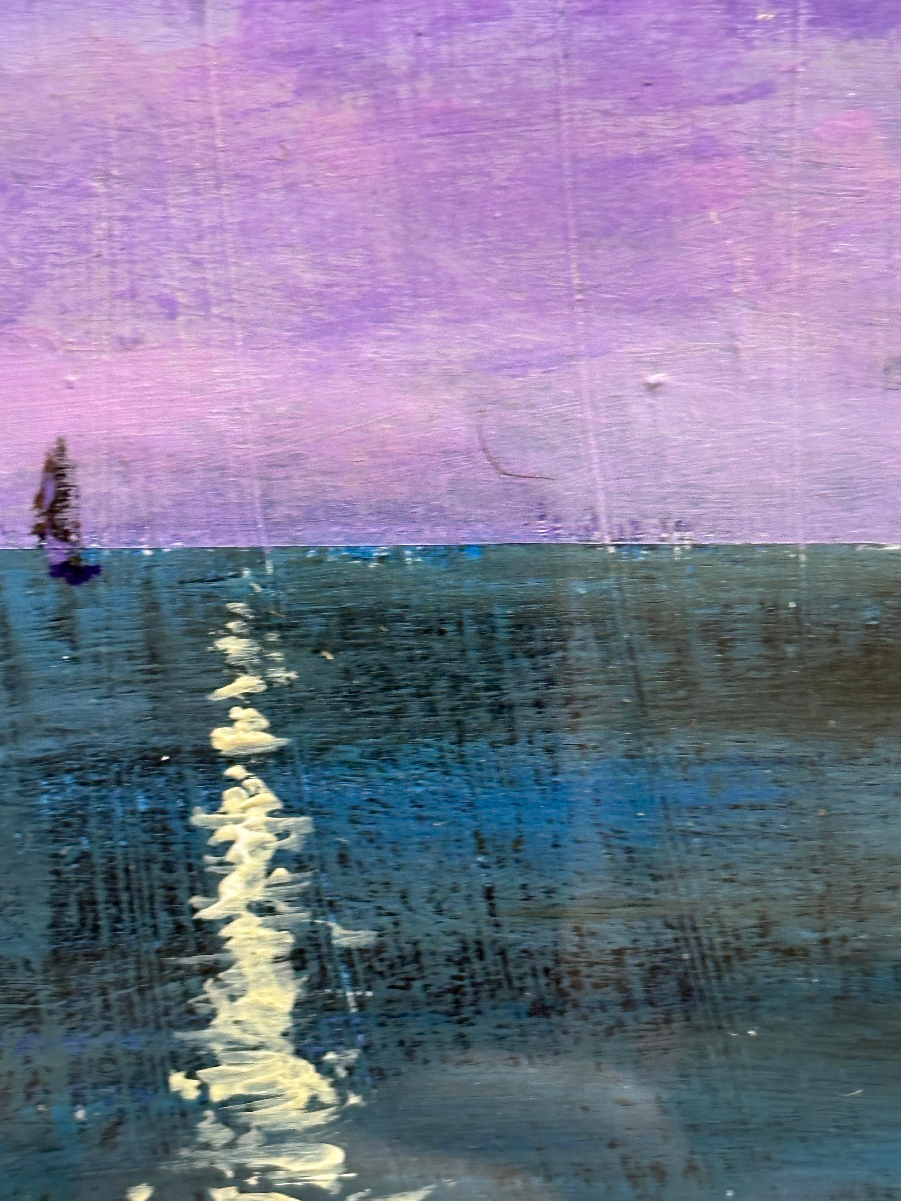 Impressionistische Bootsszene unter einem violetten Himmel im Angebot 1