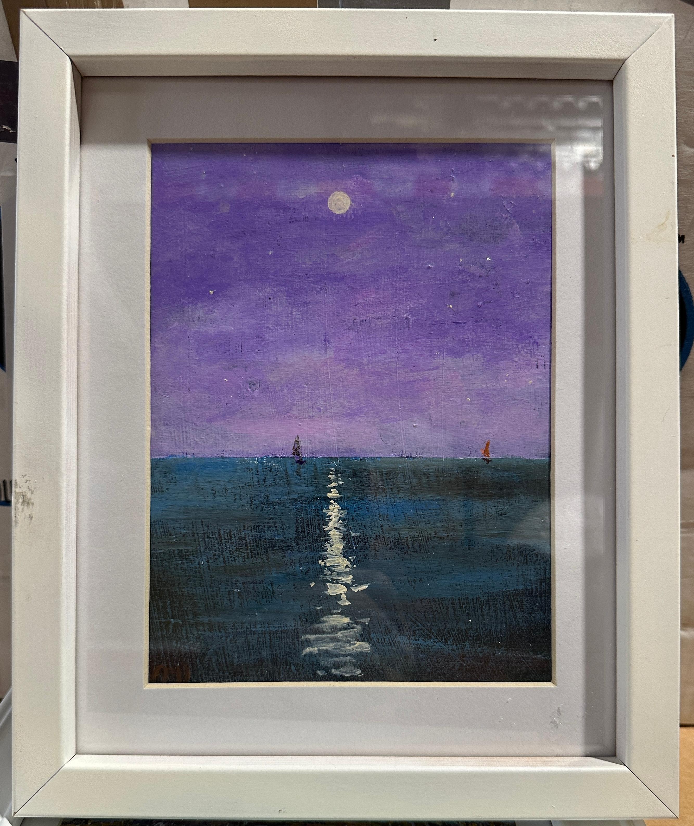 Charles Bertie Hall Figurative Painting – Impressionistische Bootsszene unter einem violetten Himmel