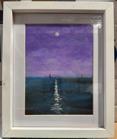American Impressionist boating scene under a purple sky at Night time