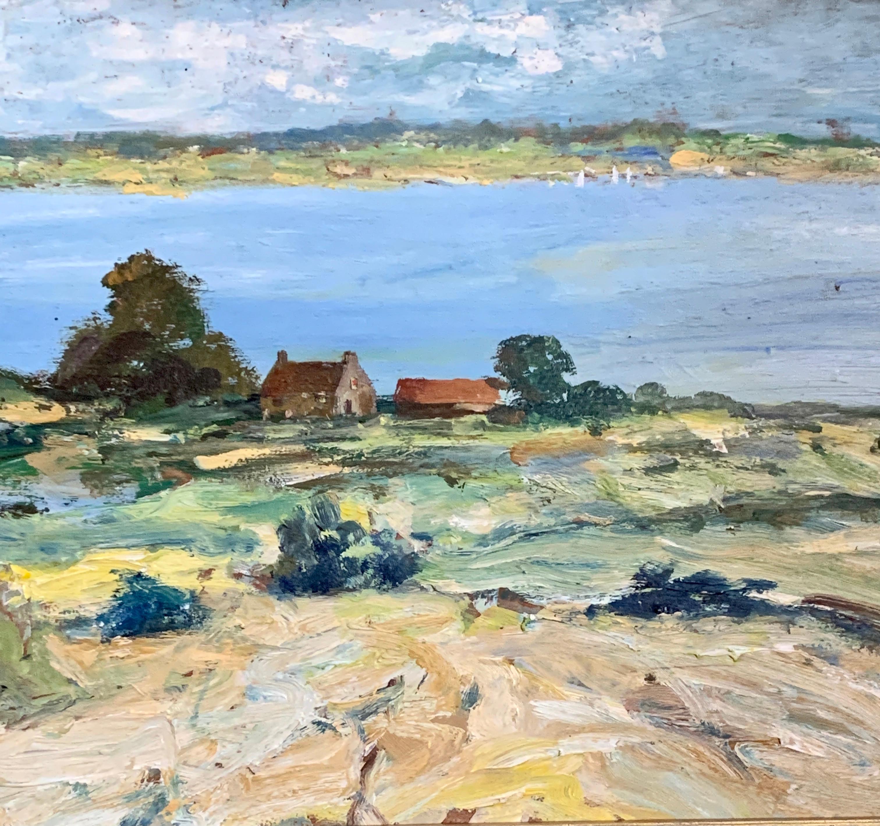 Impressionist Late 20th century River landscape with cottage in Norfolk, England - Painting by Charles Bertie Hall