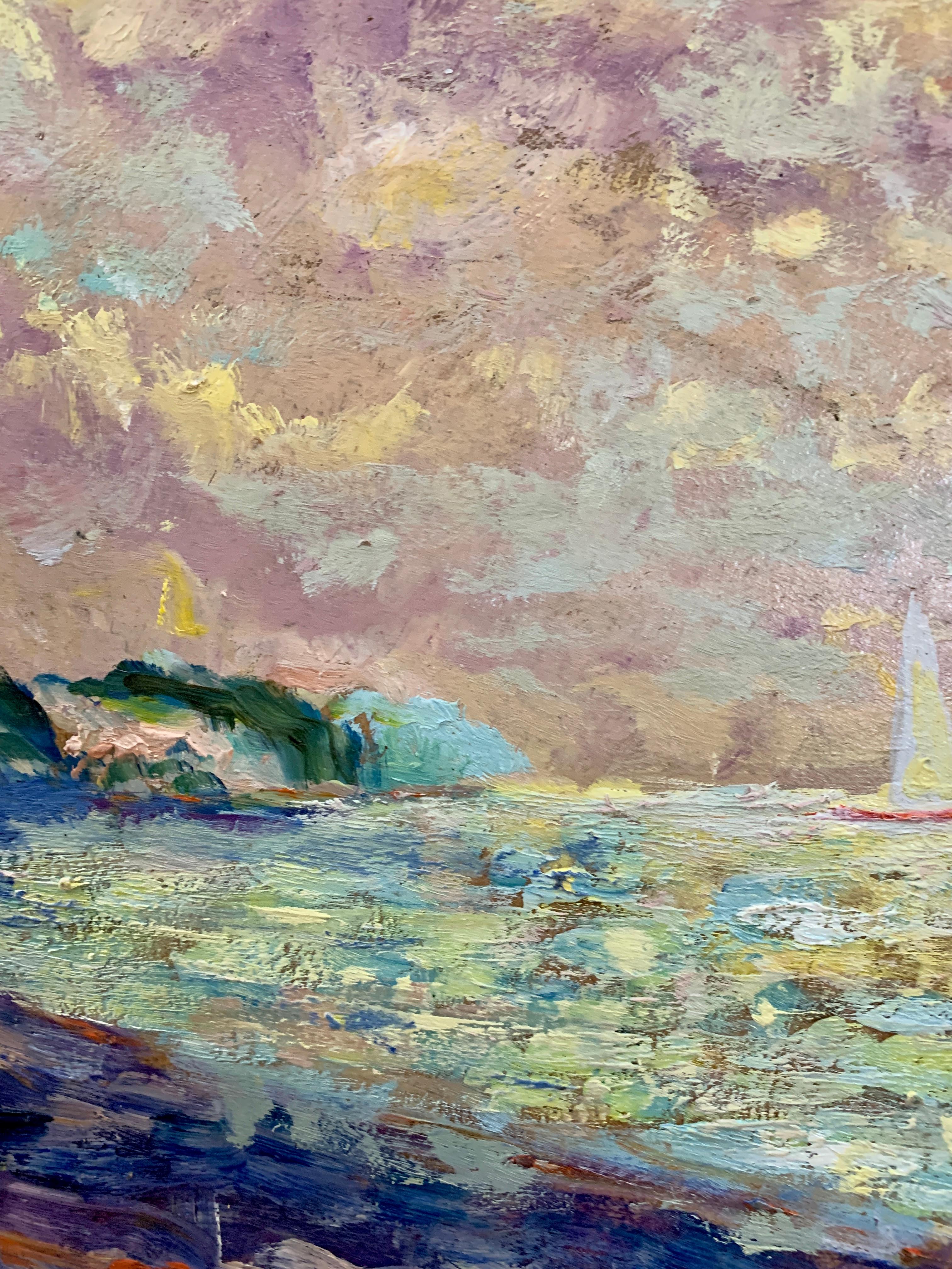 Impressionist Late 20th century seascape, a French coastal scene with yachts - Painting by Charles Bertie Hall