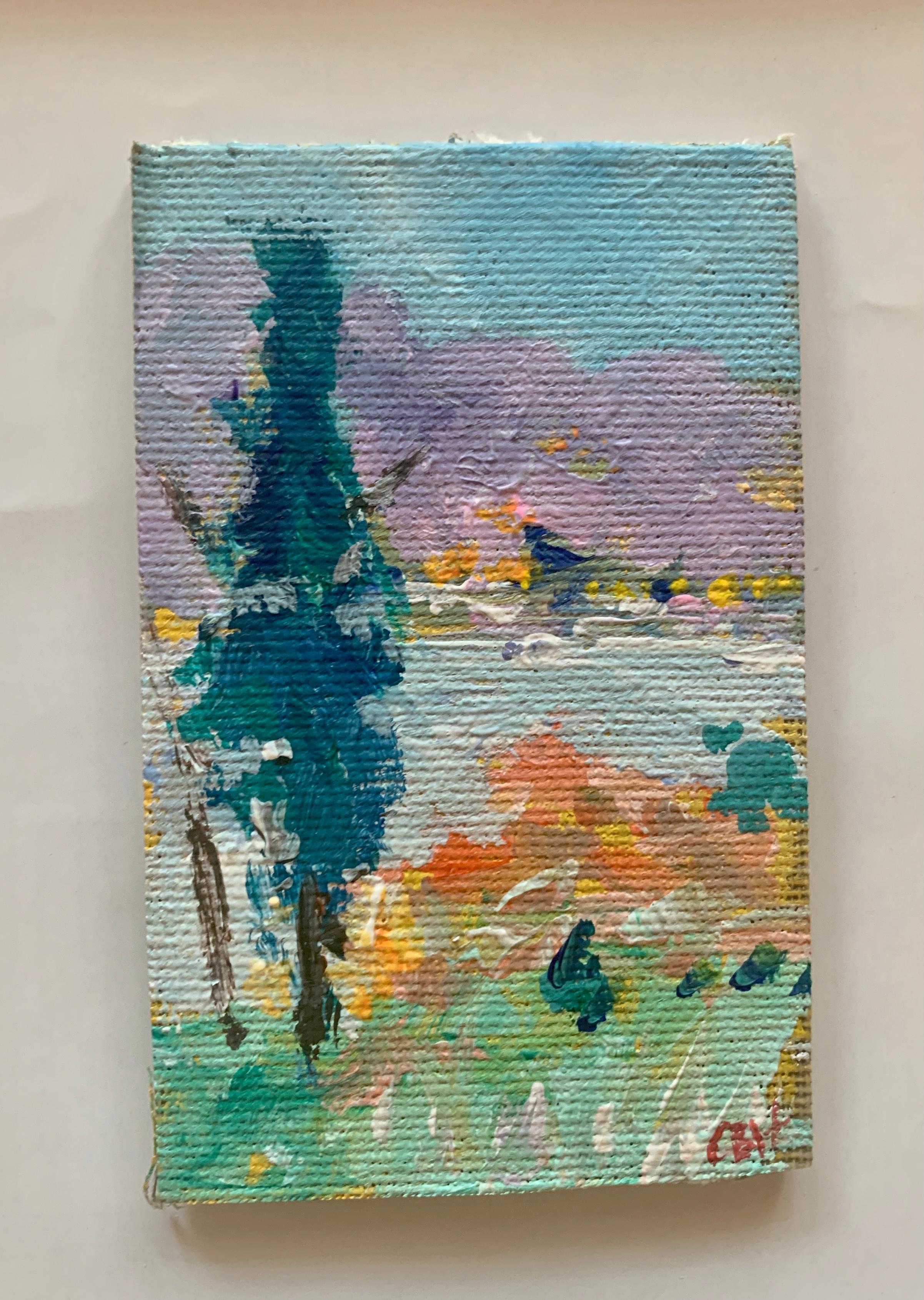 Impressionist oil sketch of a fur tree by a lake in Aspen, Colorado - Painting by Charles Bertie Hall