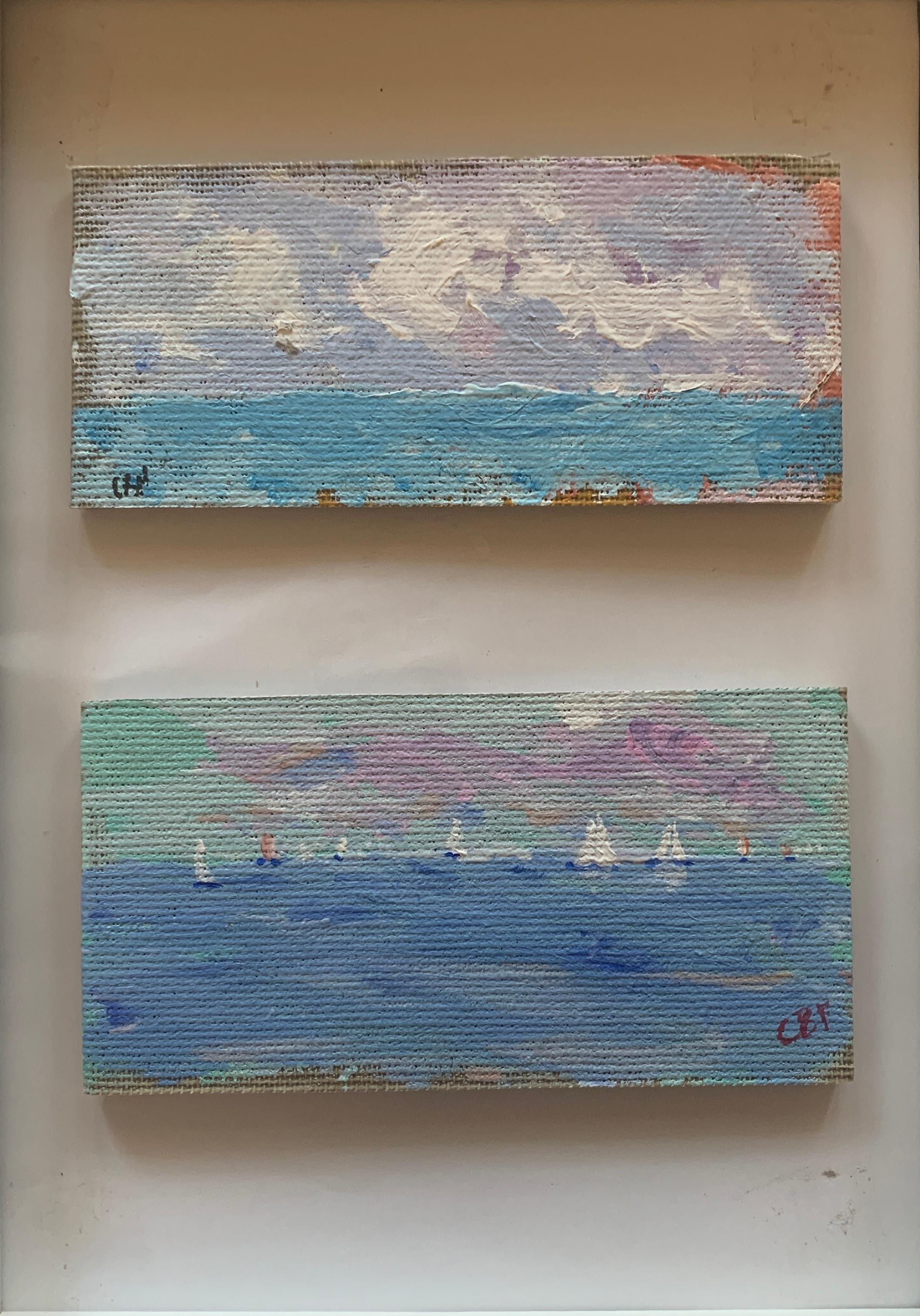 Impressionist oil sketch of yachts off the coast of Nantucket with a cloud study - Painting by Charles Bertie Hall