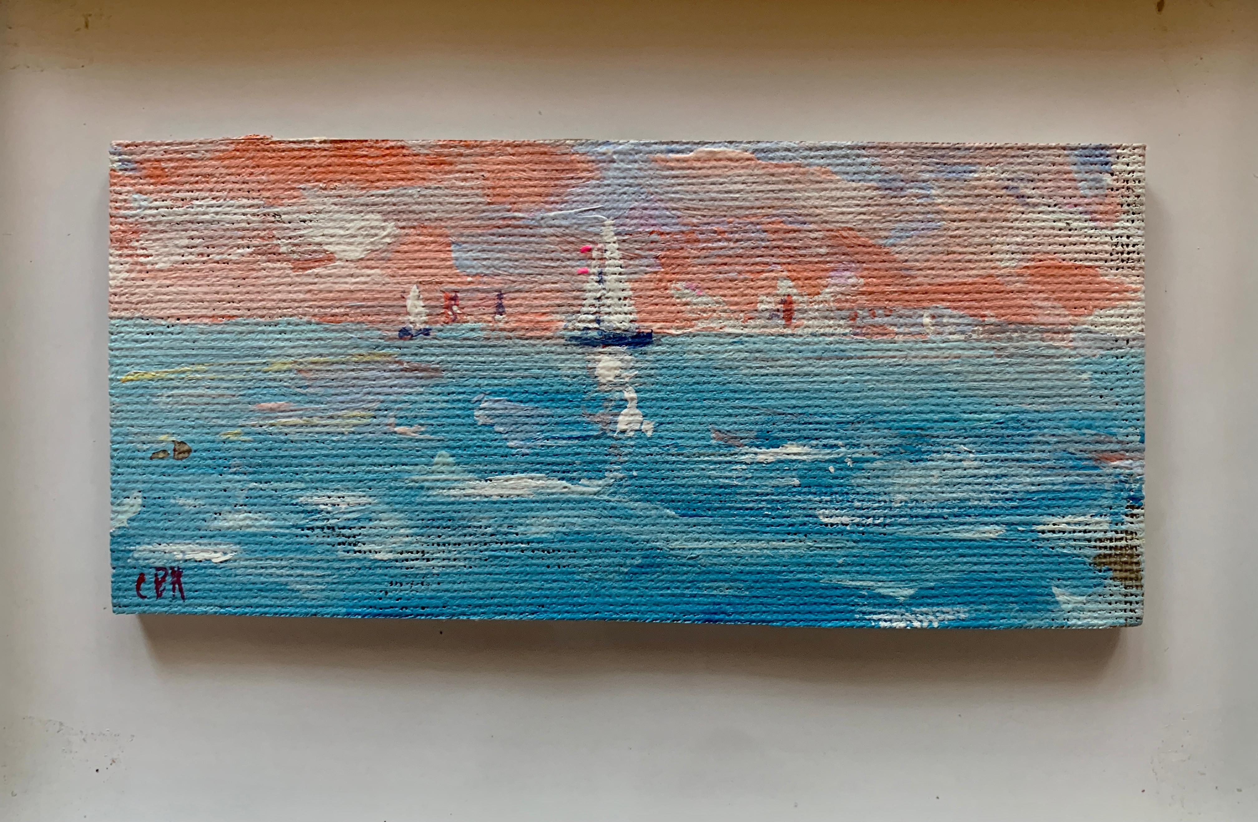 Impressionist oil sketch of yachts off the coast of Nantucket with a Setting Sun - Painting by Charles Bertie Hall