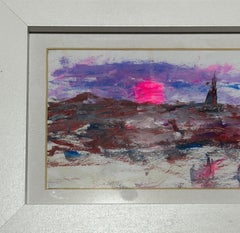Contempury Impressionist scene of sail boat under purple sky in rough sea