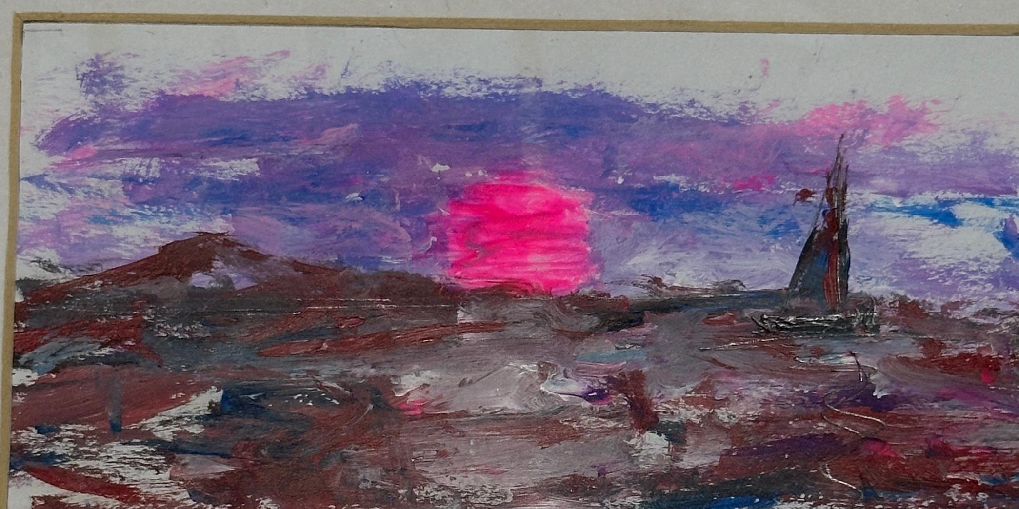 Scène impressionniste de bateau à voile sous un ciel violet - Gris Landscape Painting par Charles Bertie Hall