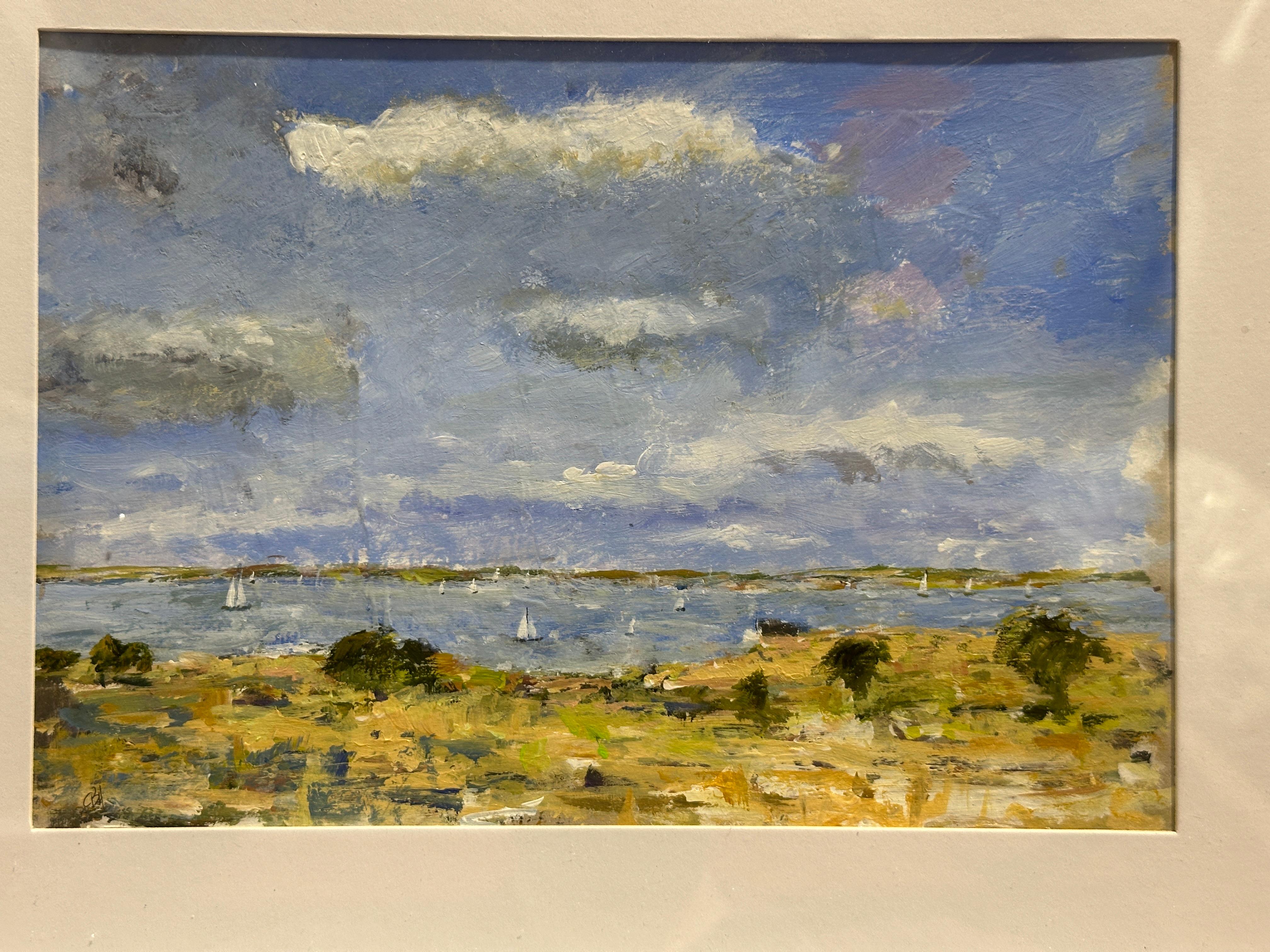 Impressionistische Szene von Booten in einer Bucht mit einer Landschaft – Painting von Charles Bertie Hall