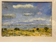 Impressionist scene of boats sailing in an inlet with a landscape