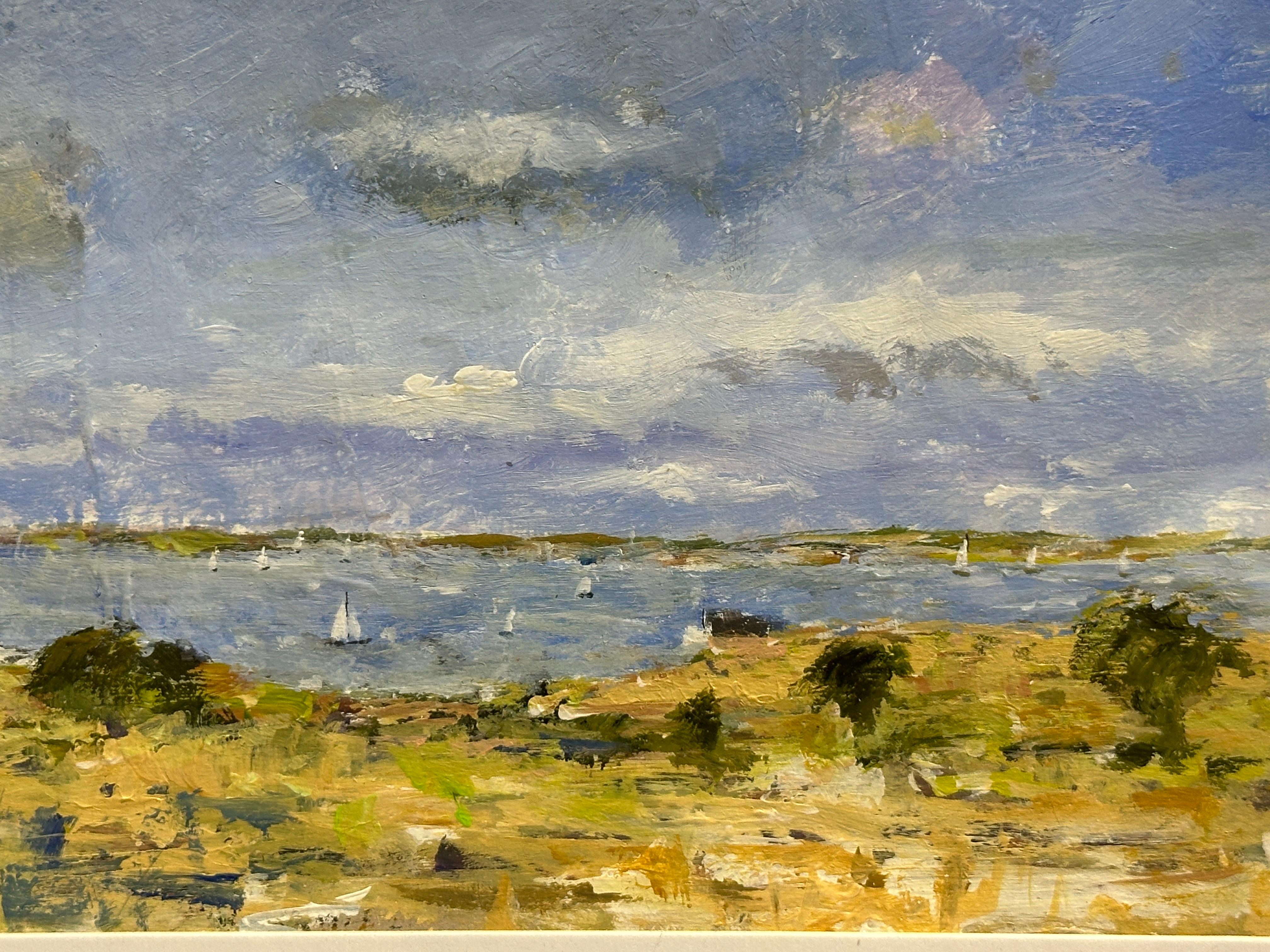 Impressionistische Szene von Booten in einer Bucht mit einer Landschaft (Grau), Landscape Painting, von Charles Bertie Hall