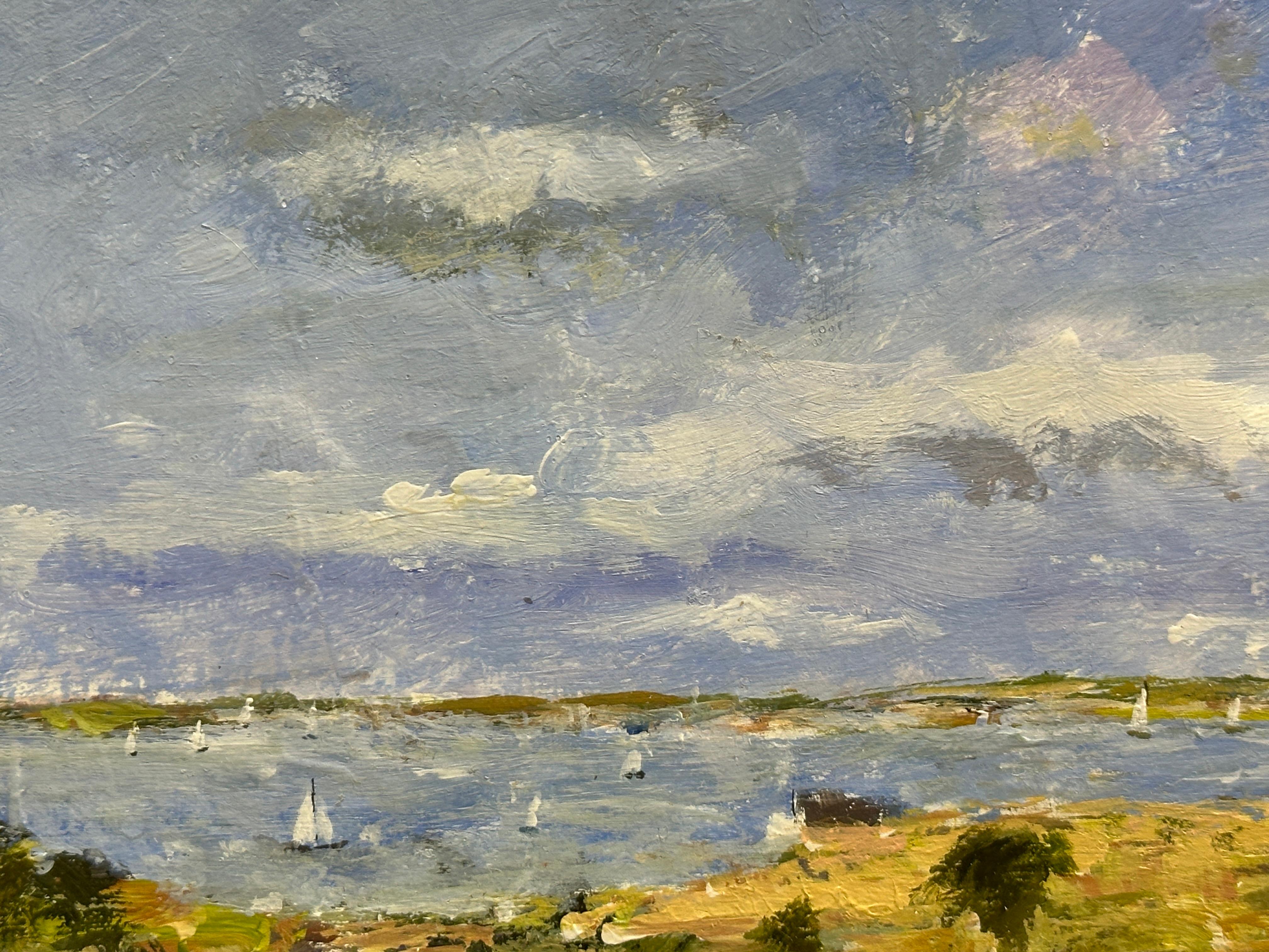Impressionistische Szene von Booten in einer Bucht mit einer Landschaft im Angebot 1