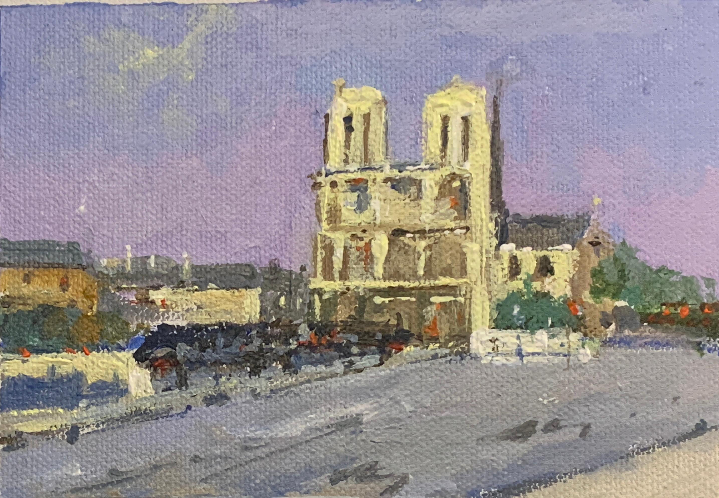 Charles Bertie Hall Landscape Painting - Impressionist sketch of a Morning  over Notre Dame, Paris France 