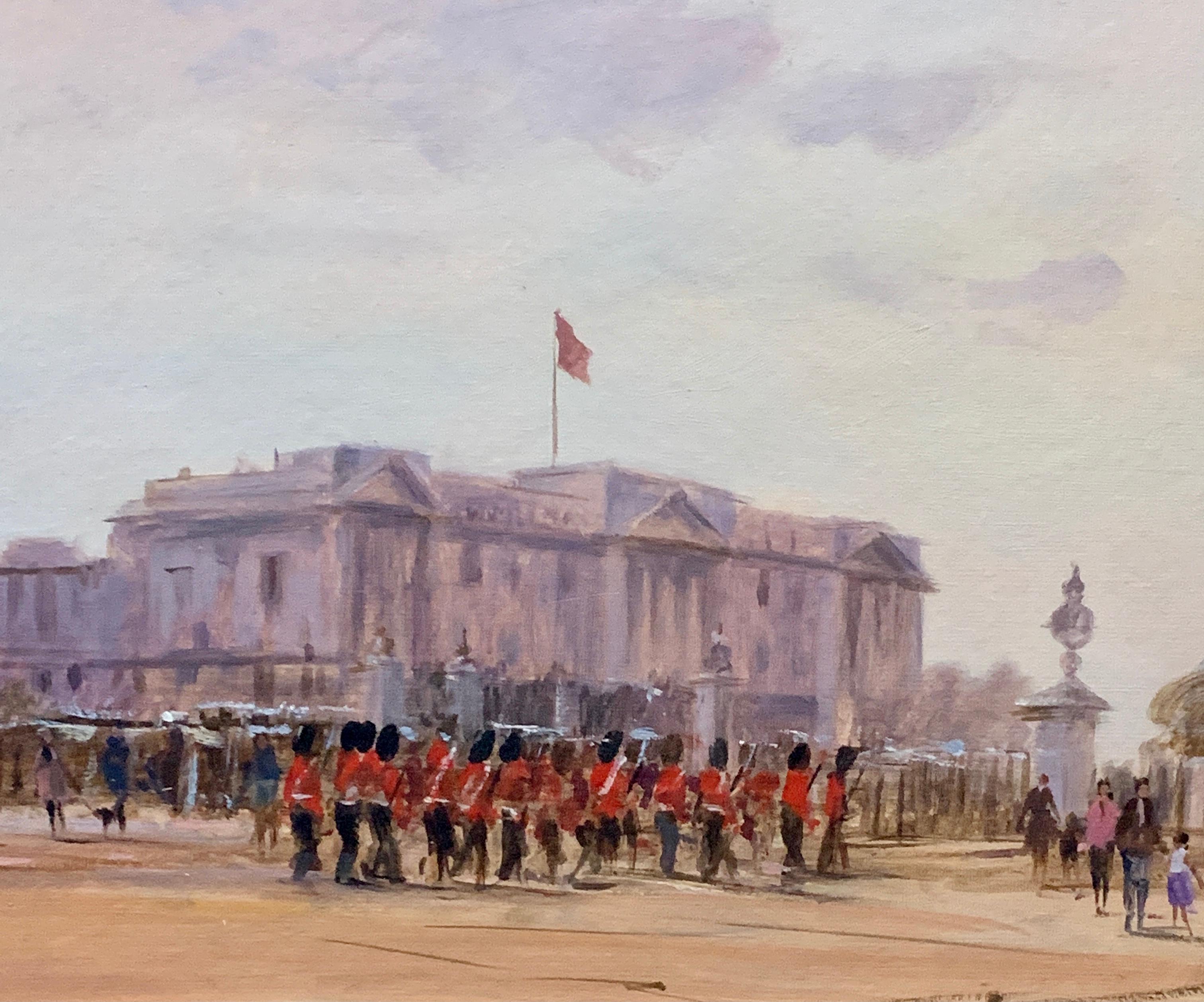 Impressionist view of Buckingham Palace, London with soldiers changing the guard - Painting by Charles Bertie Hall