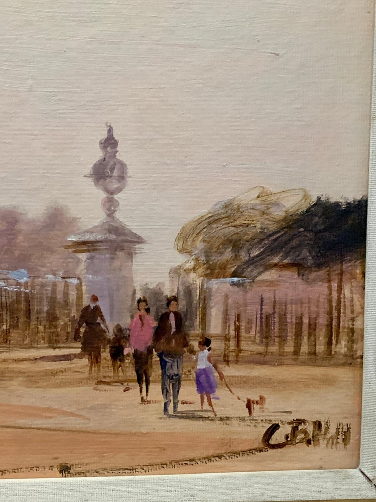 Impressionist view of Buckingham Palace, London with soldiers changing the guard - Brown Landscape Painting by Charles Bertie Hall