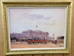 Impressionist view of Buckingham Palace, London with soldiers changing the guard