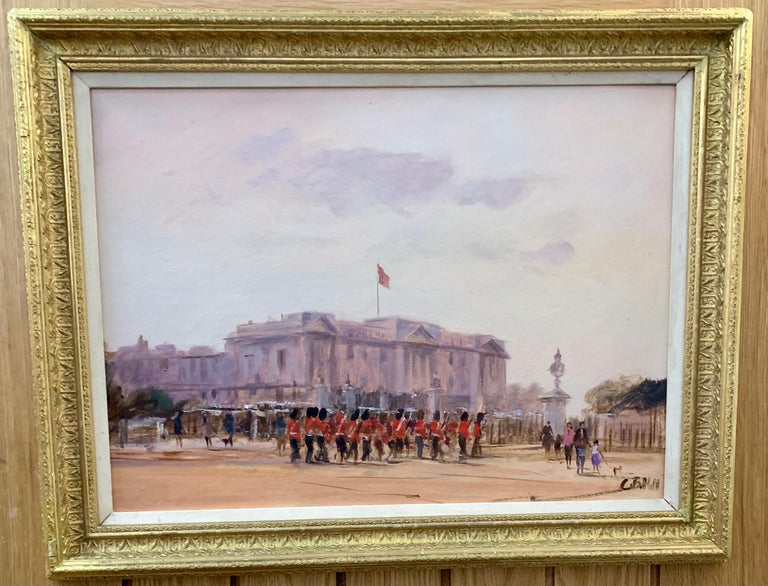 Charles Bertie Hall Landscape Painting - Impressionist view of Buckingham Palace, London with soldiers changing the guard