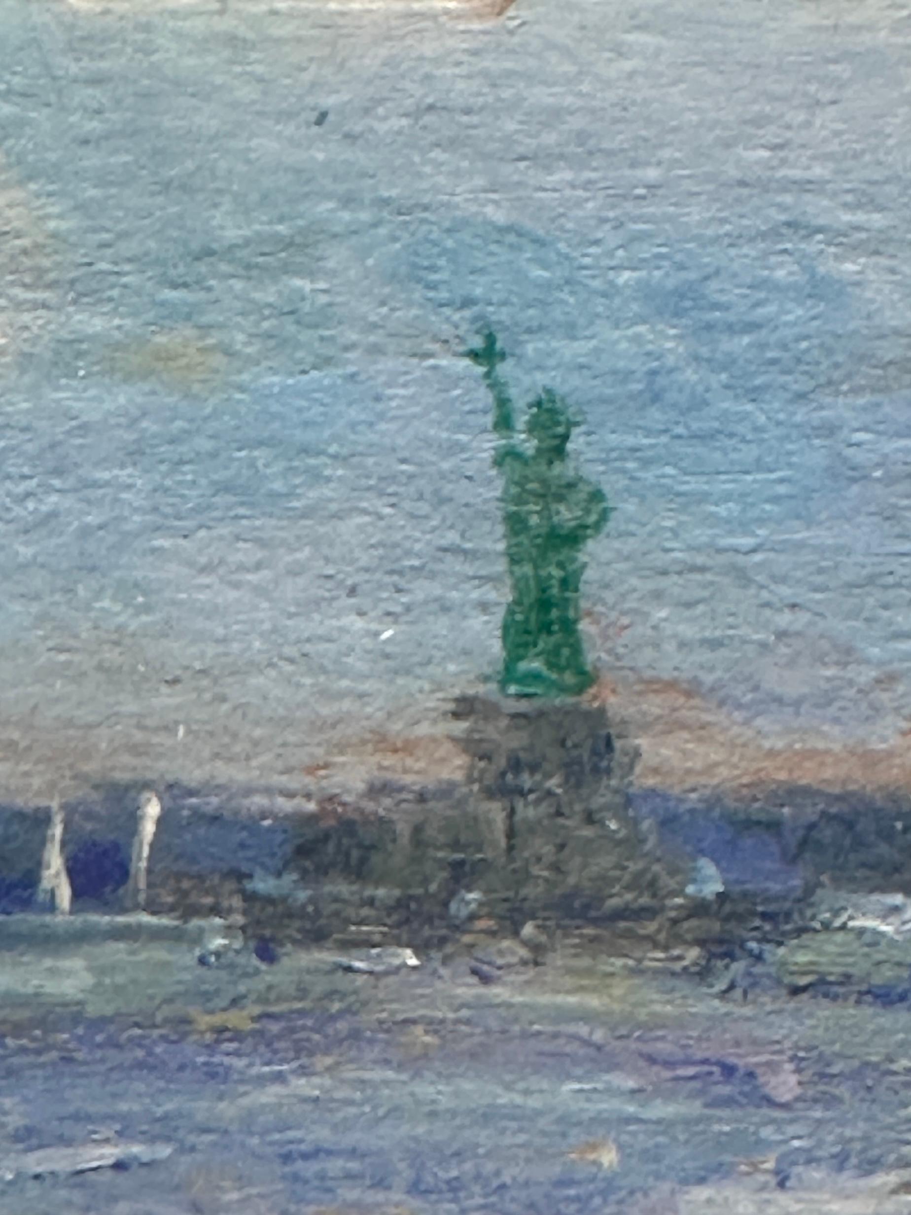 Charles Bertie Hall (Anglo-américain, 20e/21e siècle)
Vue de la Statue de la Liberté
Huile sur panneau, non signée, provenant de la succession de l'artiste.
Cette peinture évocatrice de Charles Bertie Hall représente la Statue de la Liberté