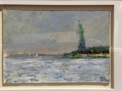 Contempury view of the Statue of Liberty with yachts in the East River