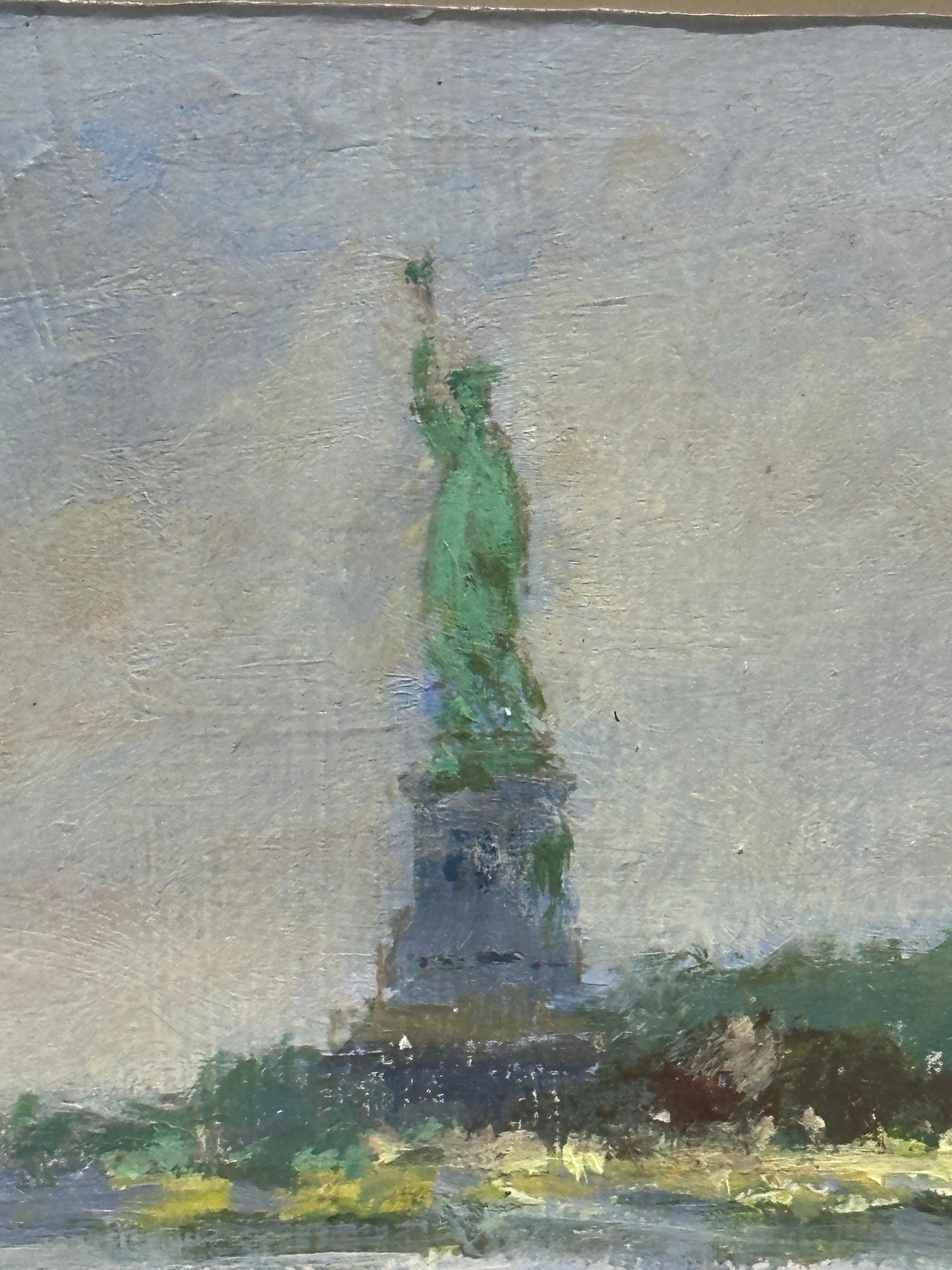 Vue impressionniste de la Statue de la Liberté avec des yachts dans l'East River - Impressionnisme Painting par Charles Bertie Hall