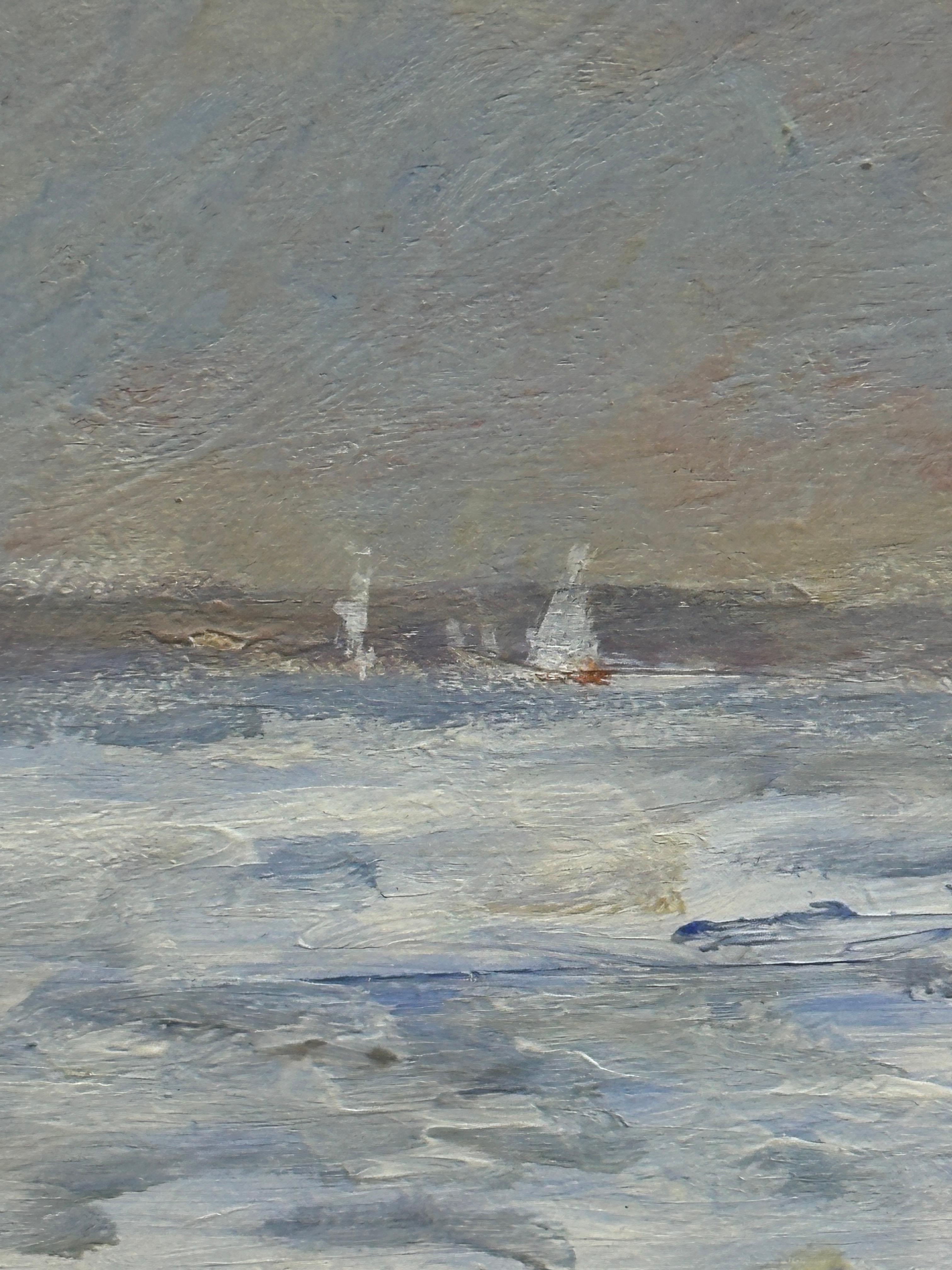 Vue impressionniste de la Statue de la Liberté avec des yachts dans l'East River - Gris Figurative Painting par Charles Bertie Hall