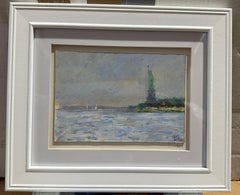 Contempury view of the Statue of Liberty with yachts in the East River