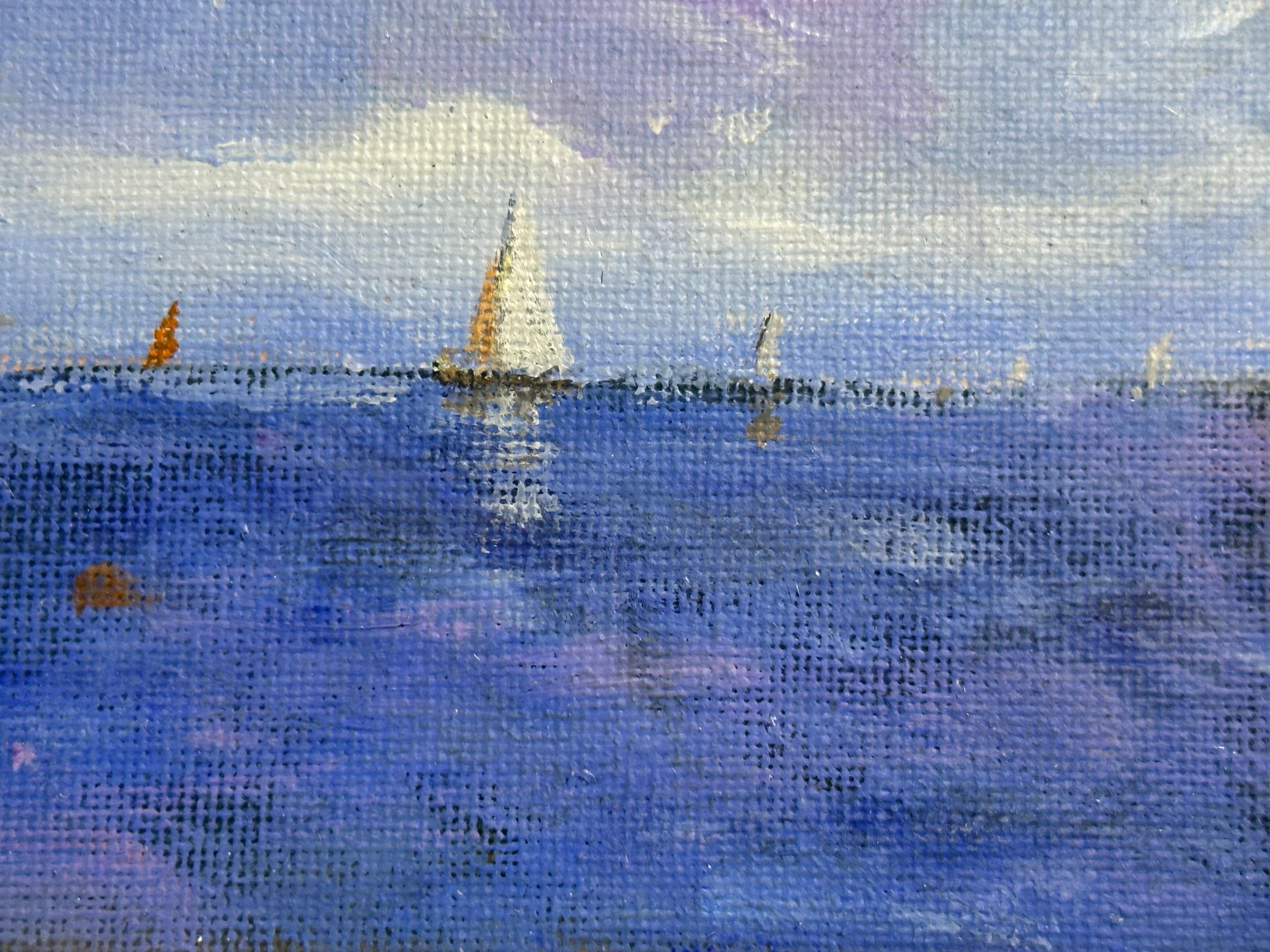 Vue impressionniste de yachts en mer dans un cadre en Oak - Marron Landscape Painting par Charles Bertie Hall