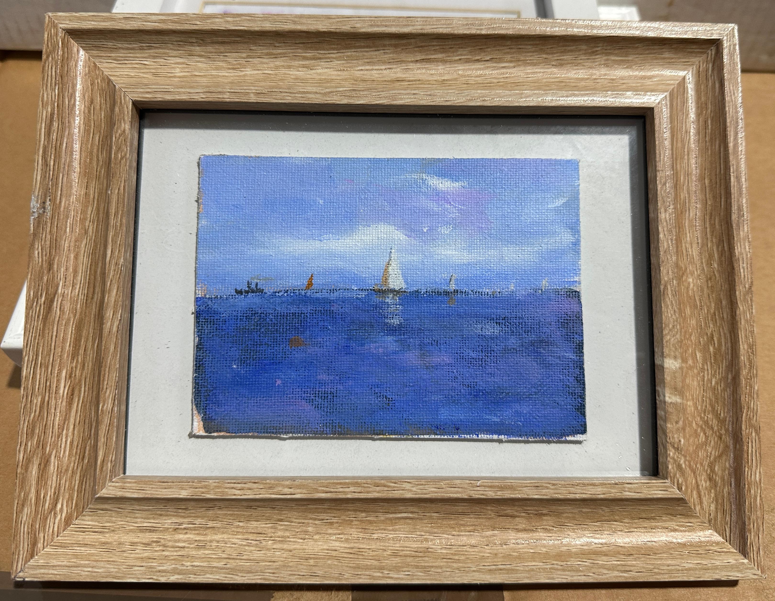 Landscape Painting Charles Bertie Hall - Vue impressionniste de yachts en mer dans un cadre en Oak