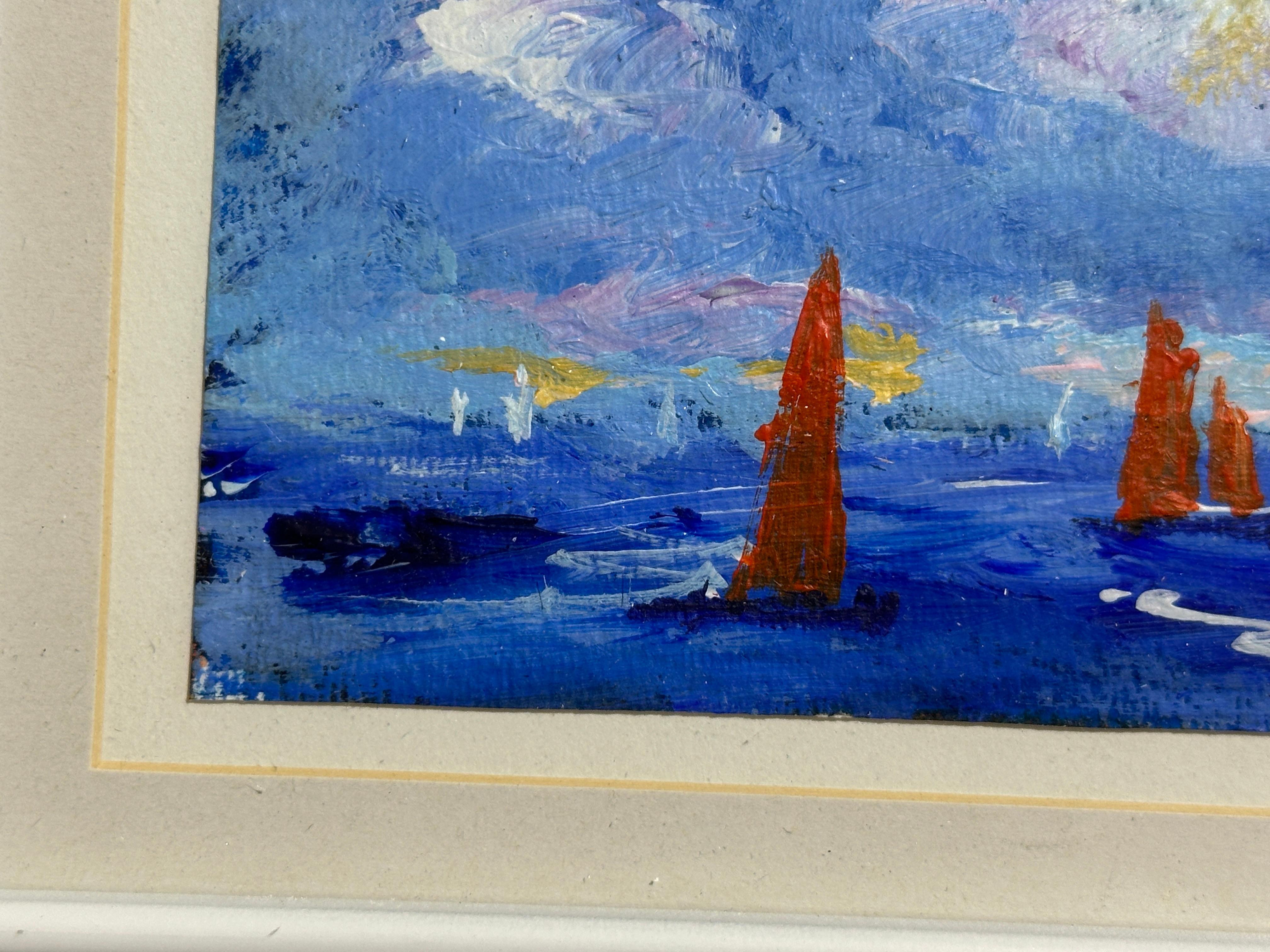 Vue impressionniste de voiliers en course en mer - Gris Landscape Painting par Charles Bertie Hall