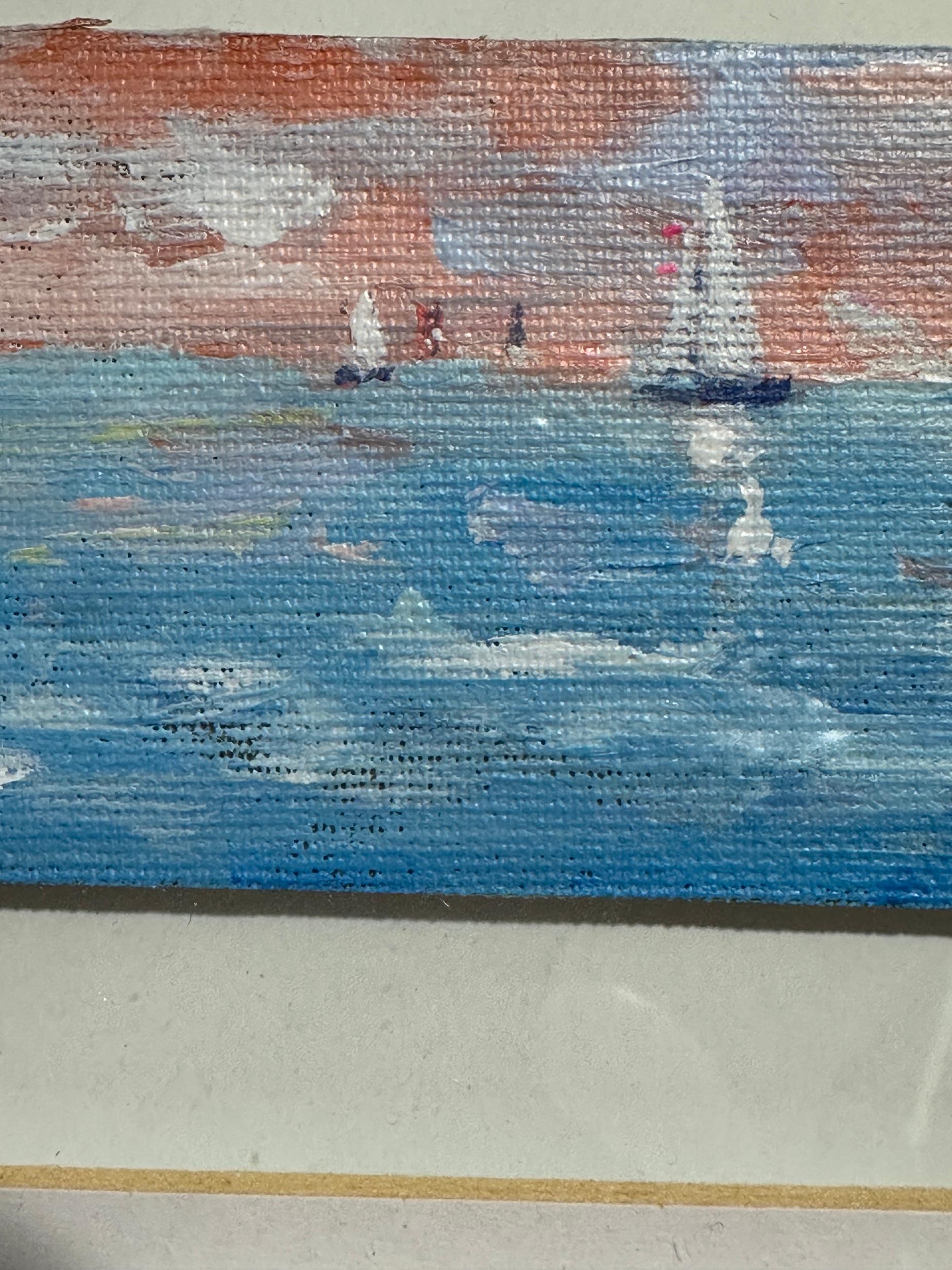 Charles Bertie Hall (Anglo-American, 20th/21st Century)
Sailing at Sunset
Oil on canvas, signed lower left, from the artist’s studio
This lively small-scale seascape by Charles Bertie Hall depicts a fleet of sailboats gliding across calm waters
