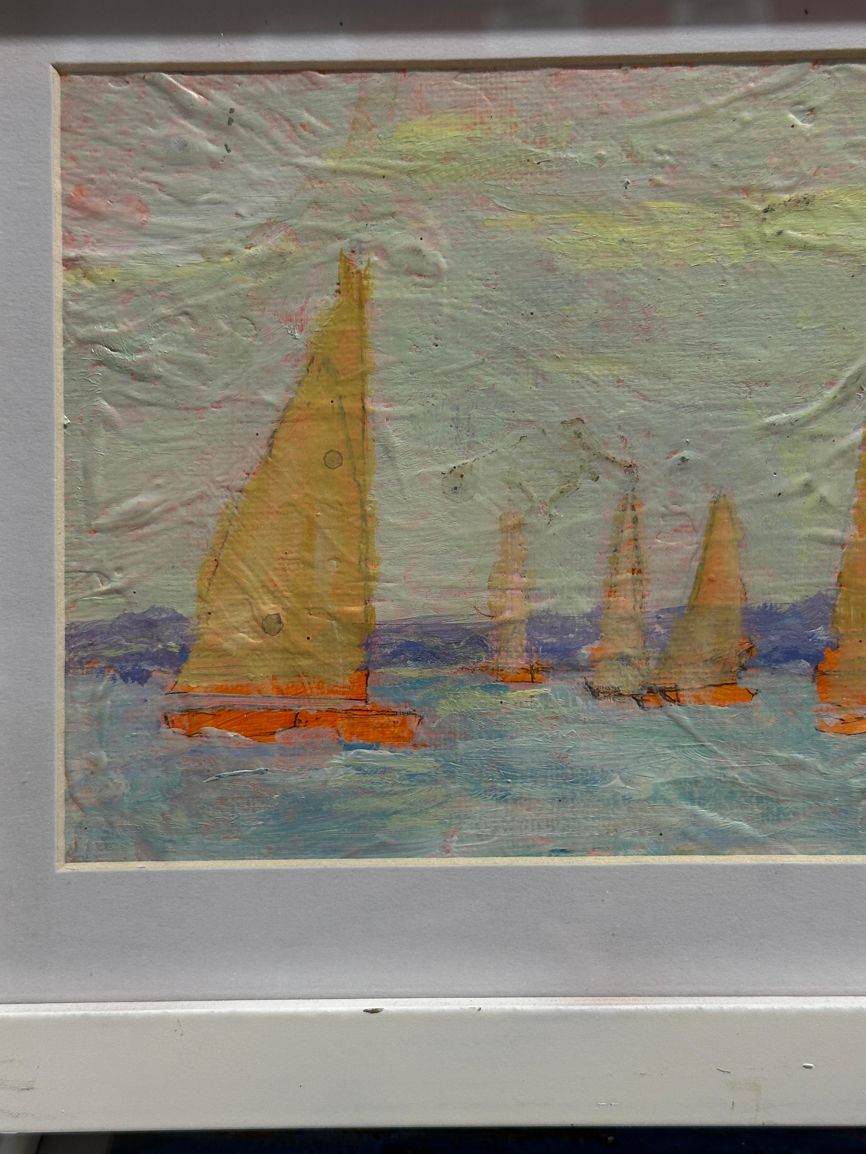 Scène moderniste de voiliers dans le Long Island Sound - Gris Figurative Painting par Charles Bertie Hall