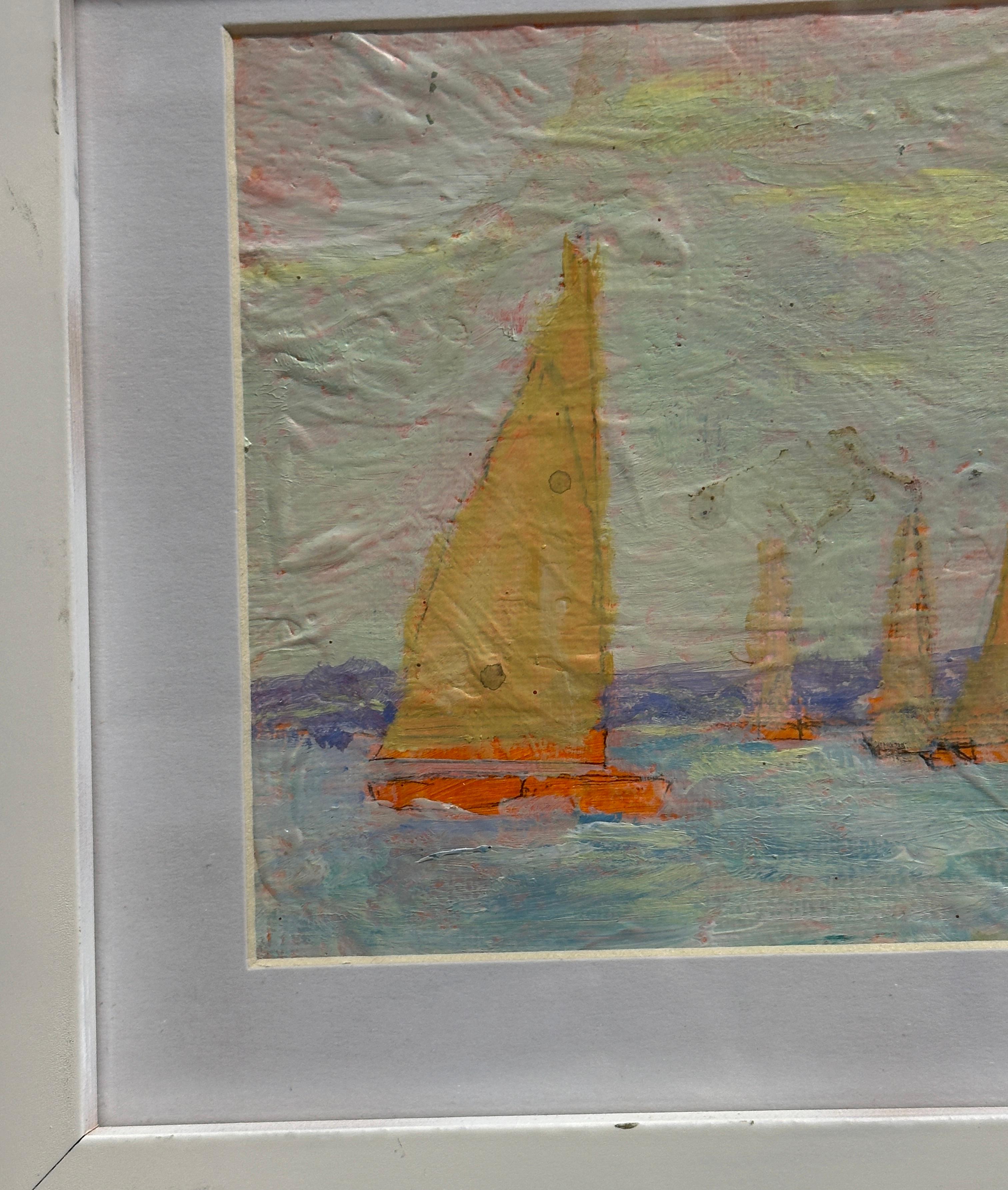 Charles Bertie Hall (Anglo-américain, 20e/21e siècle)
Régate aux voiles d'or
Huile sur panneau, non signée, provenant de l'atelier de l'artiste
Présentée dans un nouveau cadre contemporain anglais fait à la main.
Cette vibrante étude maritime de