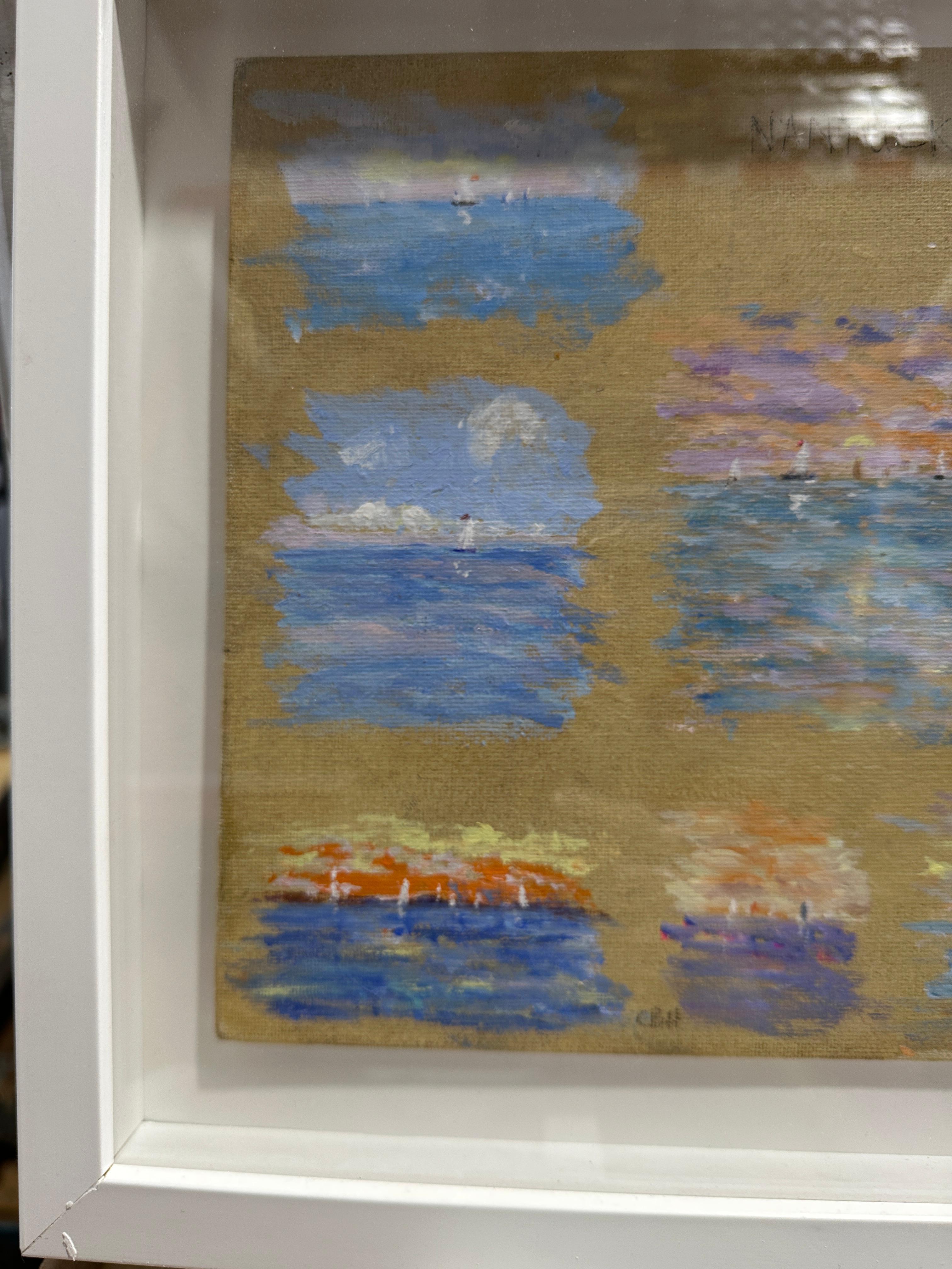 Charles Bertie Hall (Anglo-américain, 20e/21e siècle)
Nantucket, États-Unis
Huile sur panneau, signée, de l'atelier de l'artiste
Cette peinture vibrante de Charles Bertie Hall présente une série d'études impressionnistes de paysages marins, chacune