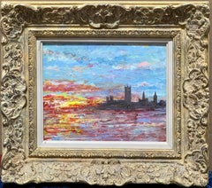 Oil painting 20th Century English on the Thames with the Palace of Westminster