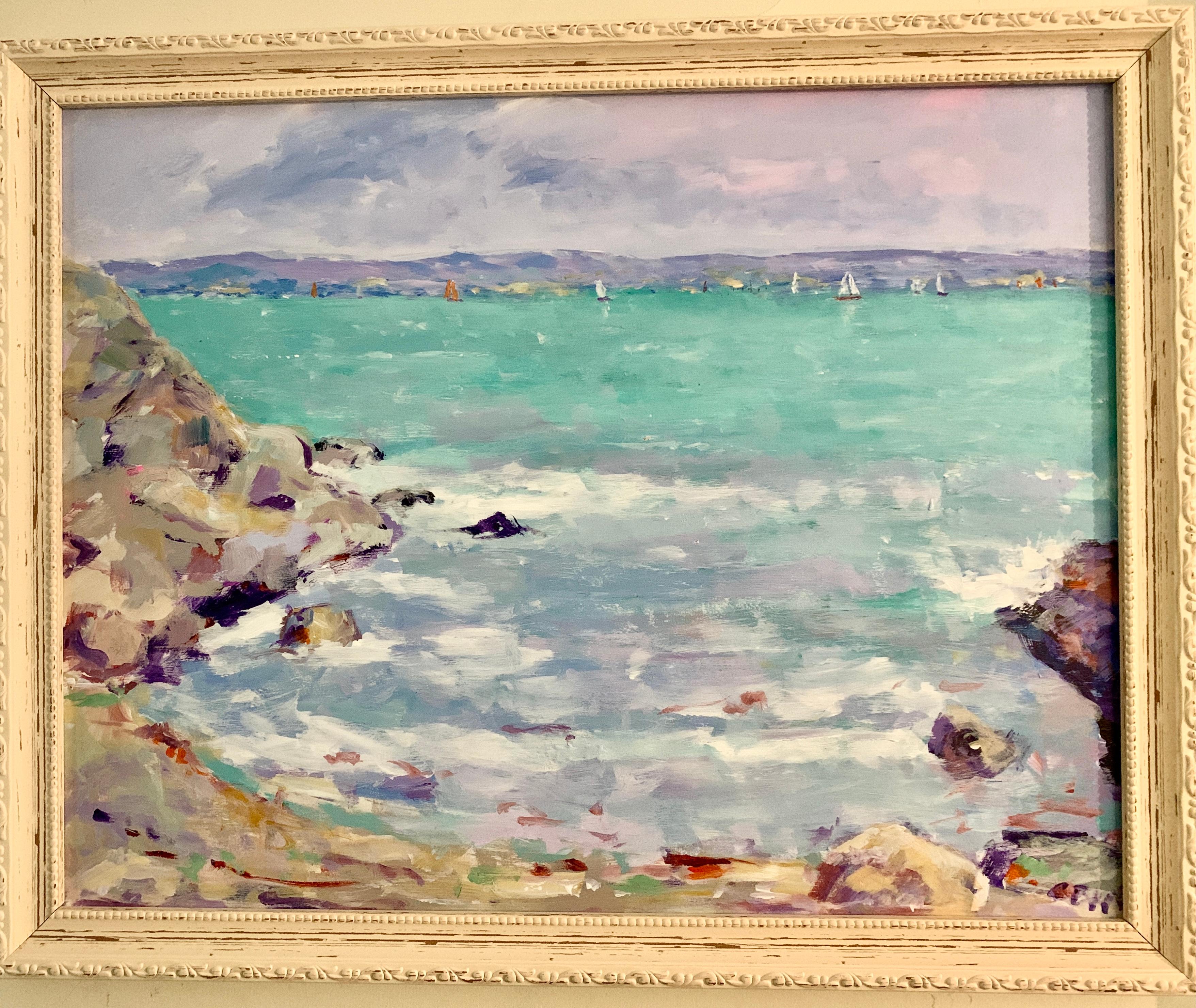 Charles Bertie Hall Figurative Painting - Oil painting late 20th century American Impressionist, Long Island Sound CT view