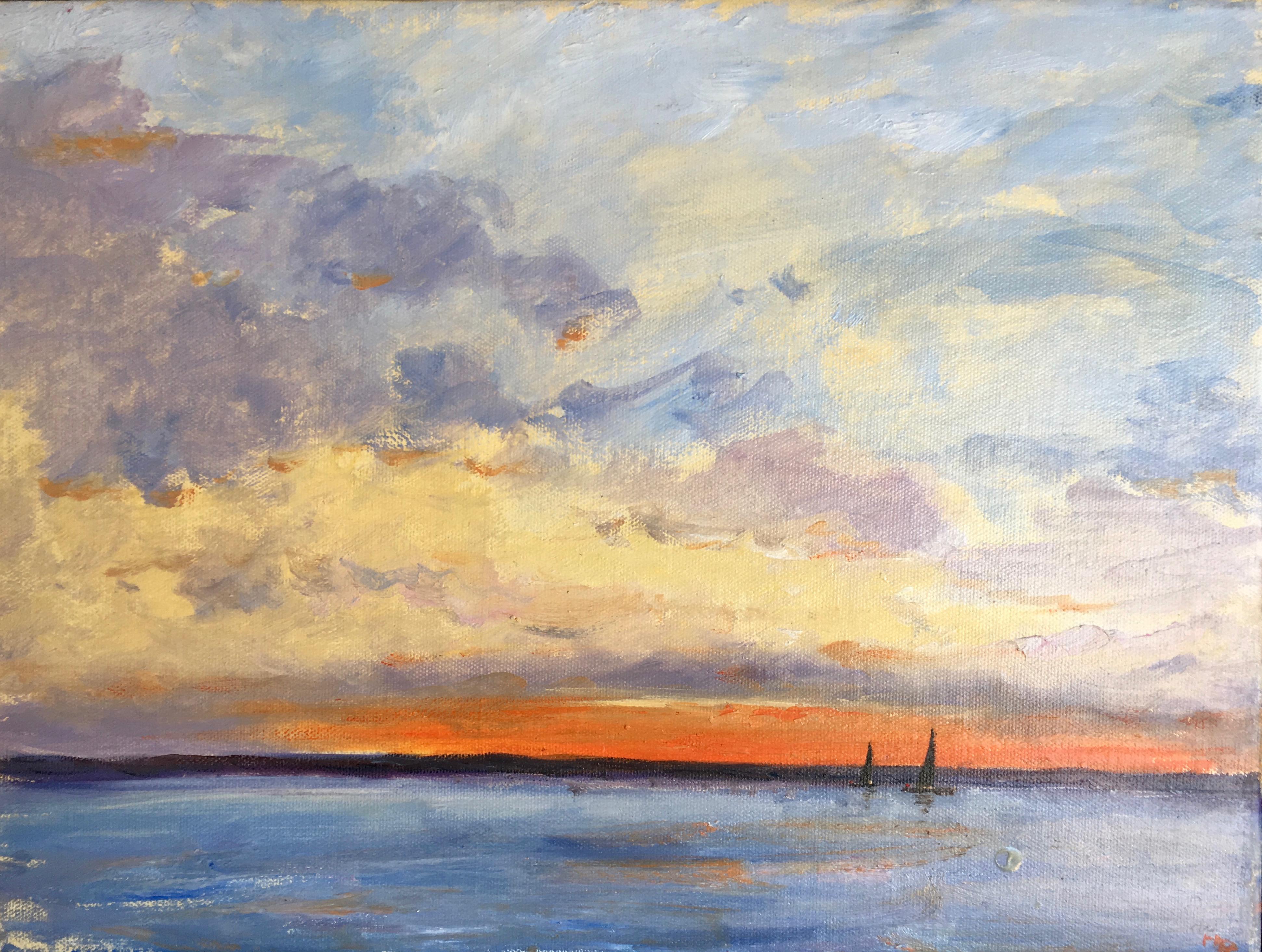 Setting Sun over the Ocean off the coast of Nantucket, USA with yachts  - Painting by Charles Bertie Hall