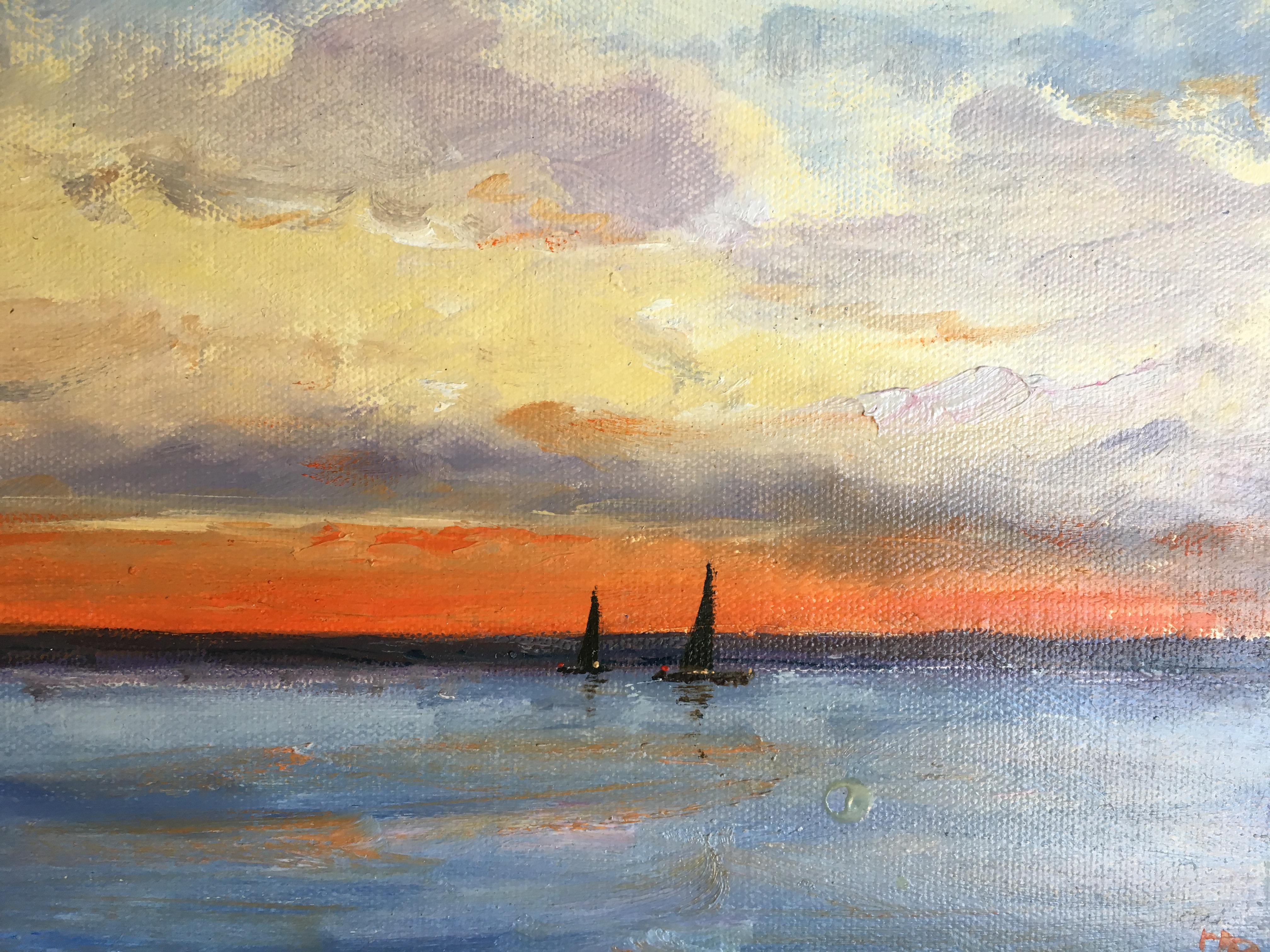 Charles Bertie Hall Figurative Painting - Setting Sun over the Ocean off the coast of Nantucket, USA with yachts 