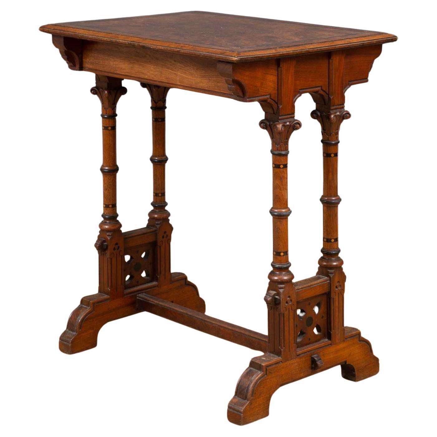 Charles Bevan for Marsh & Jones Gothic Revival side table with a burr walnut top For Sale