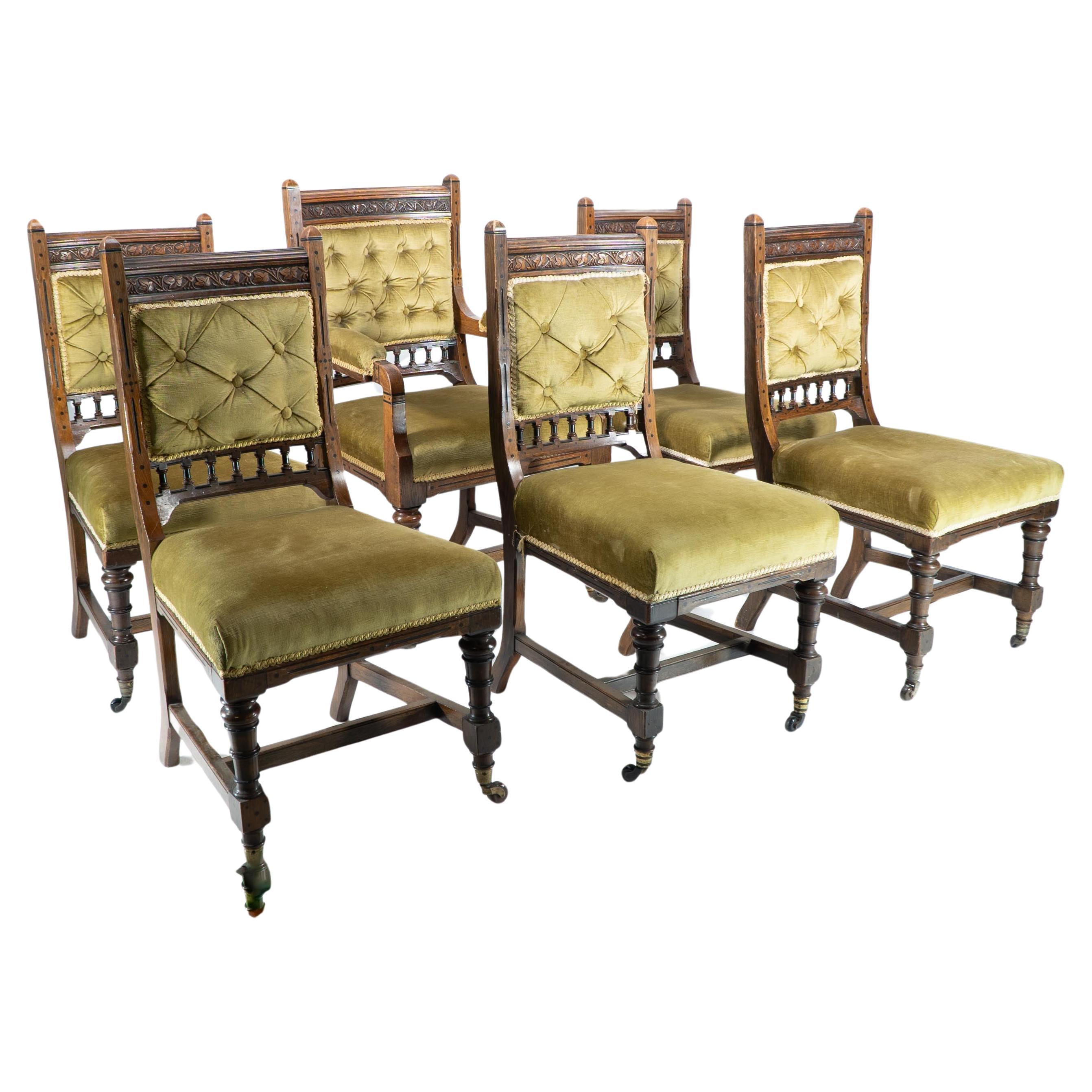Charles Bevan attr. A set of five Gothic Revival oak dining chairs & an armchair For Sale