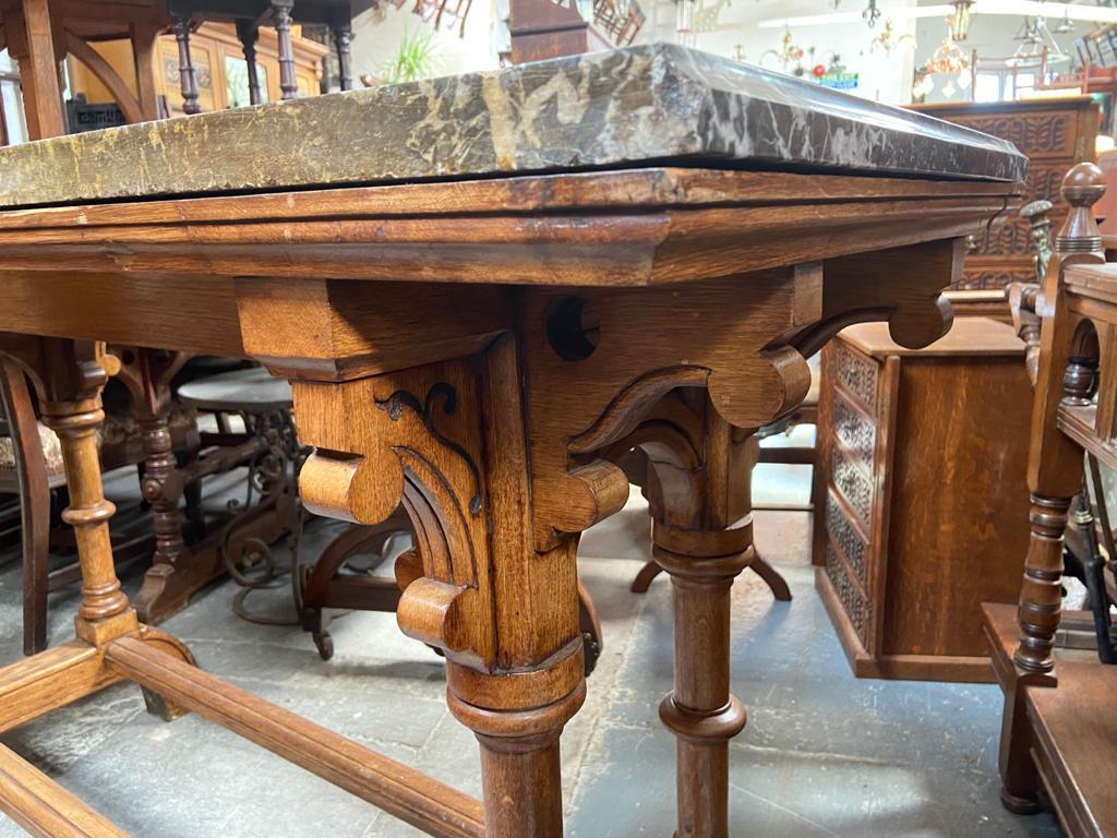 Late 19th Century Charles Bevan, Attri. A Gothic Revival Oak Library or Sofa Table with Marble Top For Sale