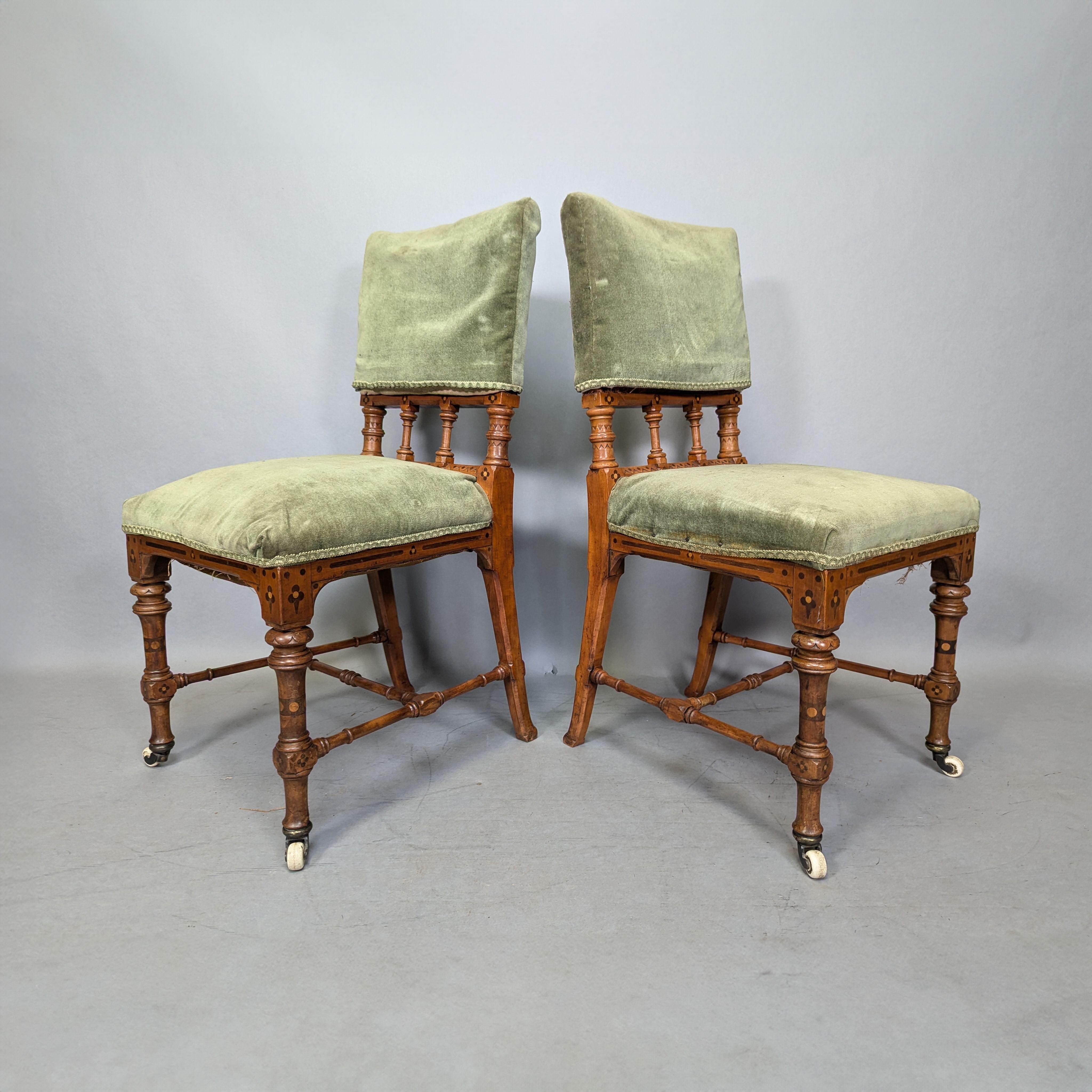 Chamfered Charles Bevan attributed. A pair of Gothic Revival Oak desk or side chairs For Sale