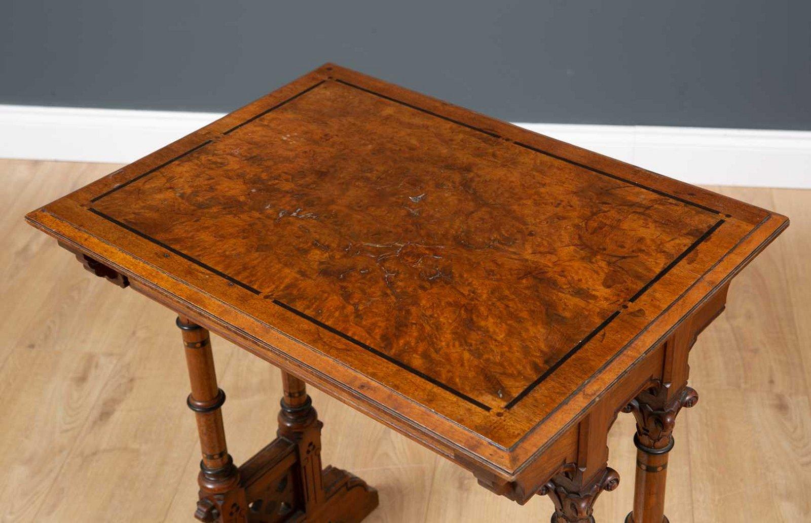 Aesthetic Movement Charles Bevan for Marsh & Jones. A Small Walnut Writing Table on Turned Supports For Sale