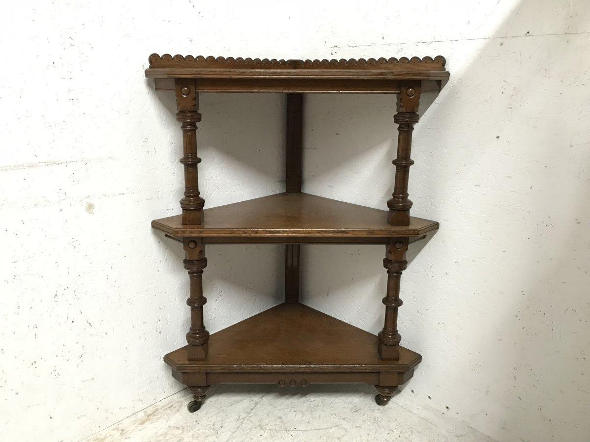 Charles Bevan, attributed Marsh Jones & Cribb. 
A Gothic Revival oak étagère or corner whatnot.

Measurements:
Height - 43 3/4