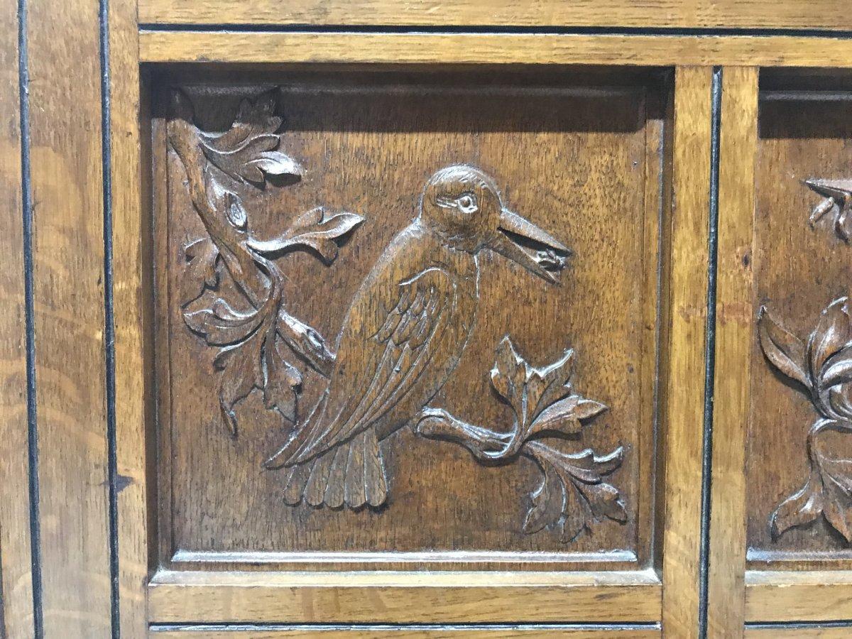 Brass Charles Bevan, Gillows & Co. An Aesthetic Oak Cabinet with Carved Birds & Fish For Sale