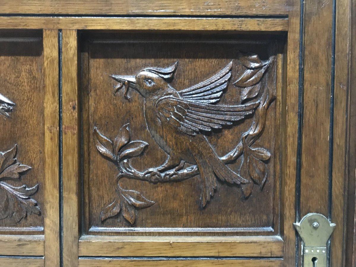 Charles Bevan, Gillows & Co. An Aesthetic Oak Cabinet with Carved Birds & Fish For Sale 1