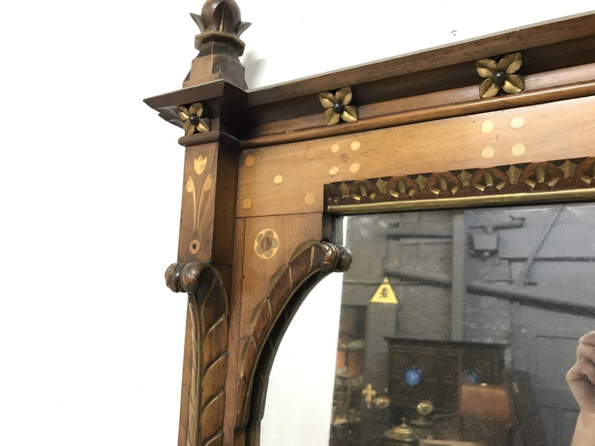 Charles Bevan, for Marsh Jones & Cribb attributed.
A large and exceptional English Aesthetic Movement exhibition quality wall mirror or overmantle.
Originally known as “Marsh and Jones: Medieval Cabinet Makers” of Leeds