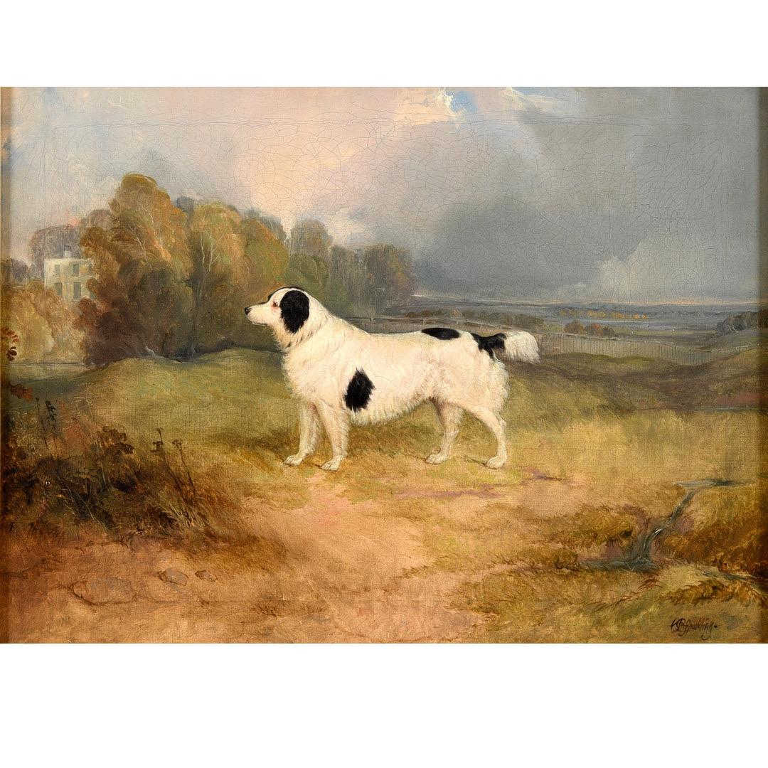 19th century portrait of a spaniel dog in a landscape, a country house beyond - Painting by Charles Bilger Spalding