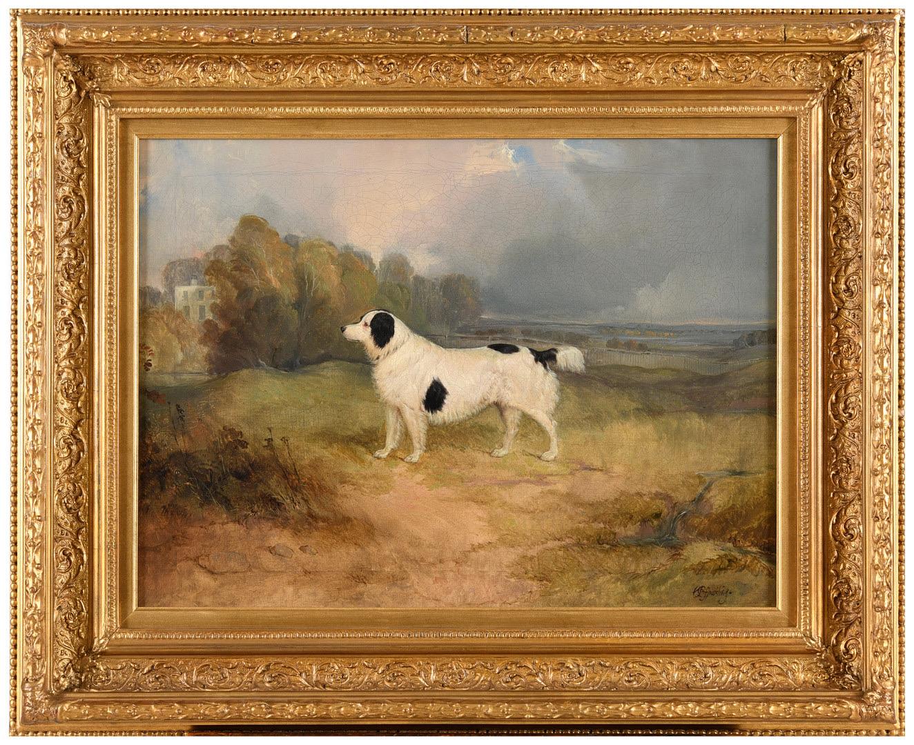 19th century portrait of a spaniel dog in a landscape, a country house beyond