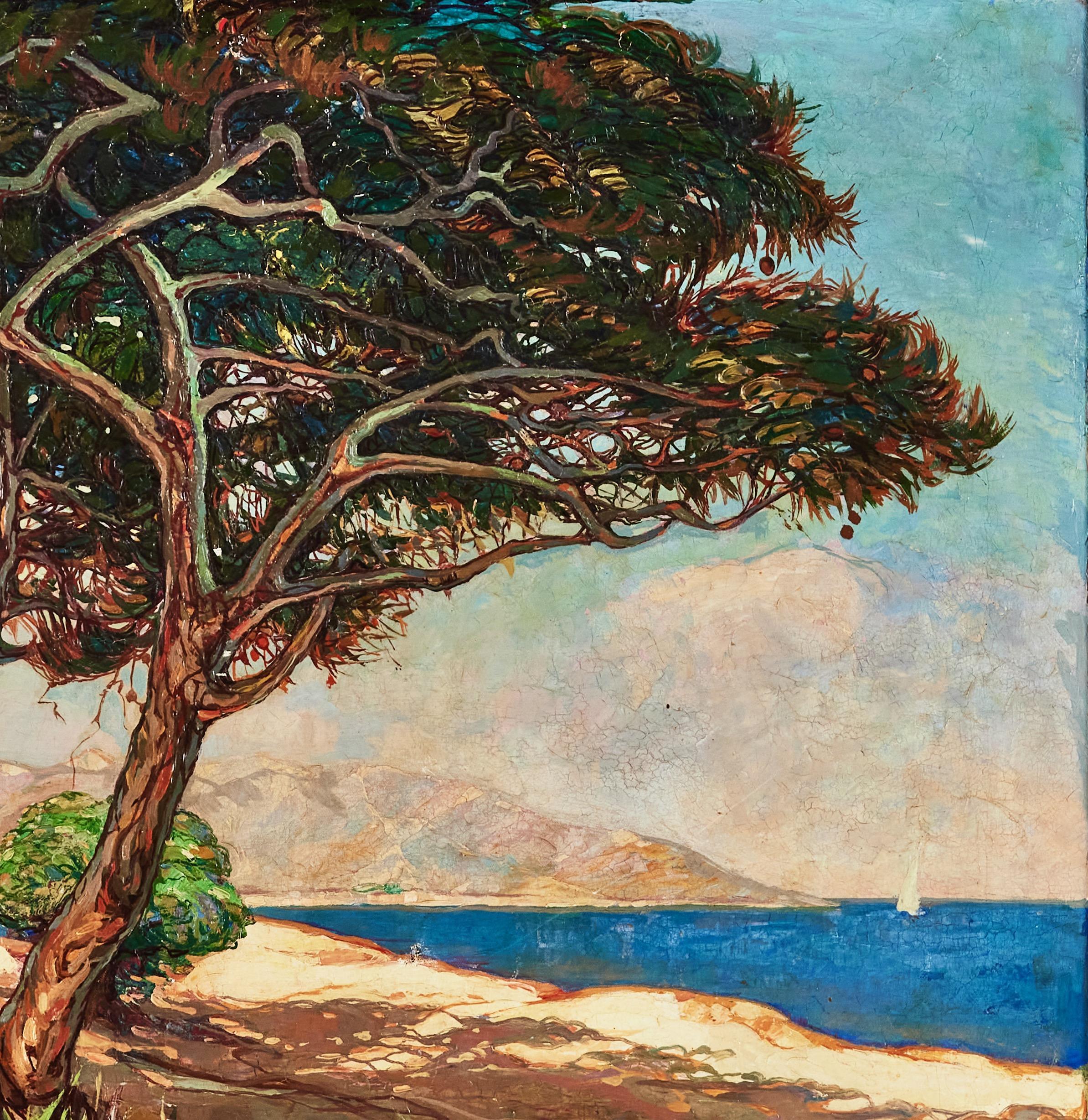 Strand und Baumlandschaft mit Segelboot - Impressionistisches Öl auf Leinwand (Impressionismus), Painting, von Charles Bisschops 