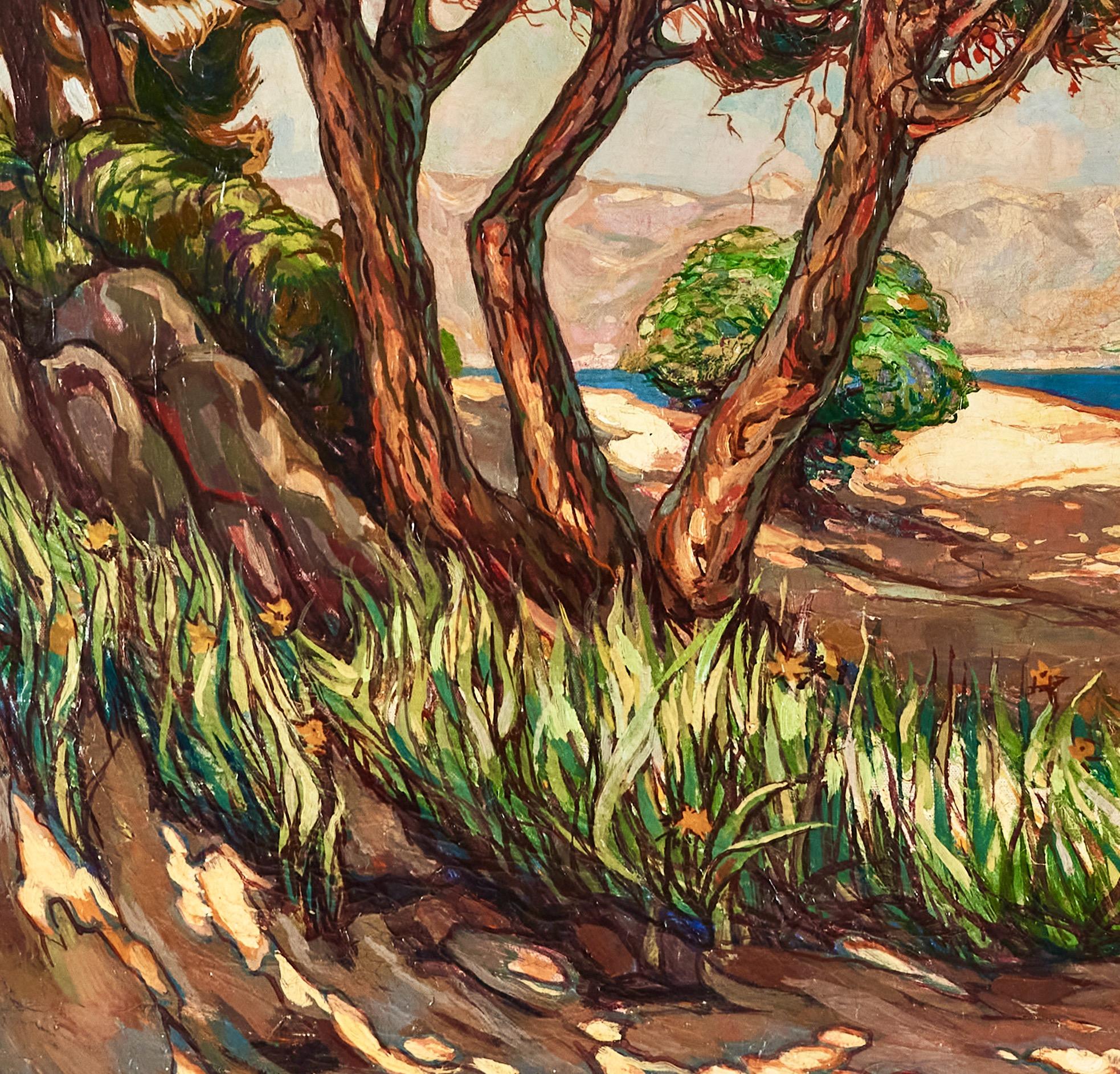 Strand und Baumlandschaft mit Segelboot - Impressionistisches Öl auf Leinwand (Braun), Landscape Painting, von Charles Bisschops 