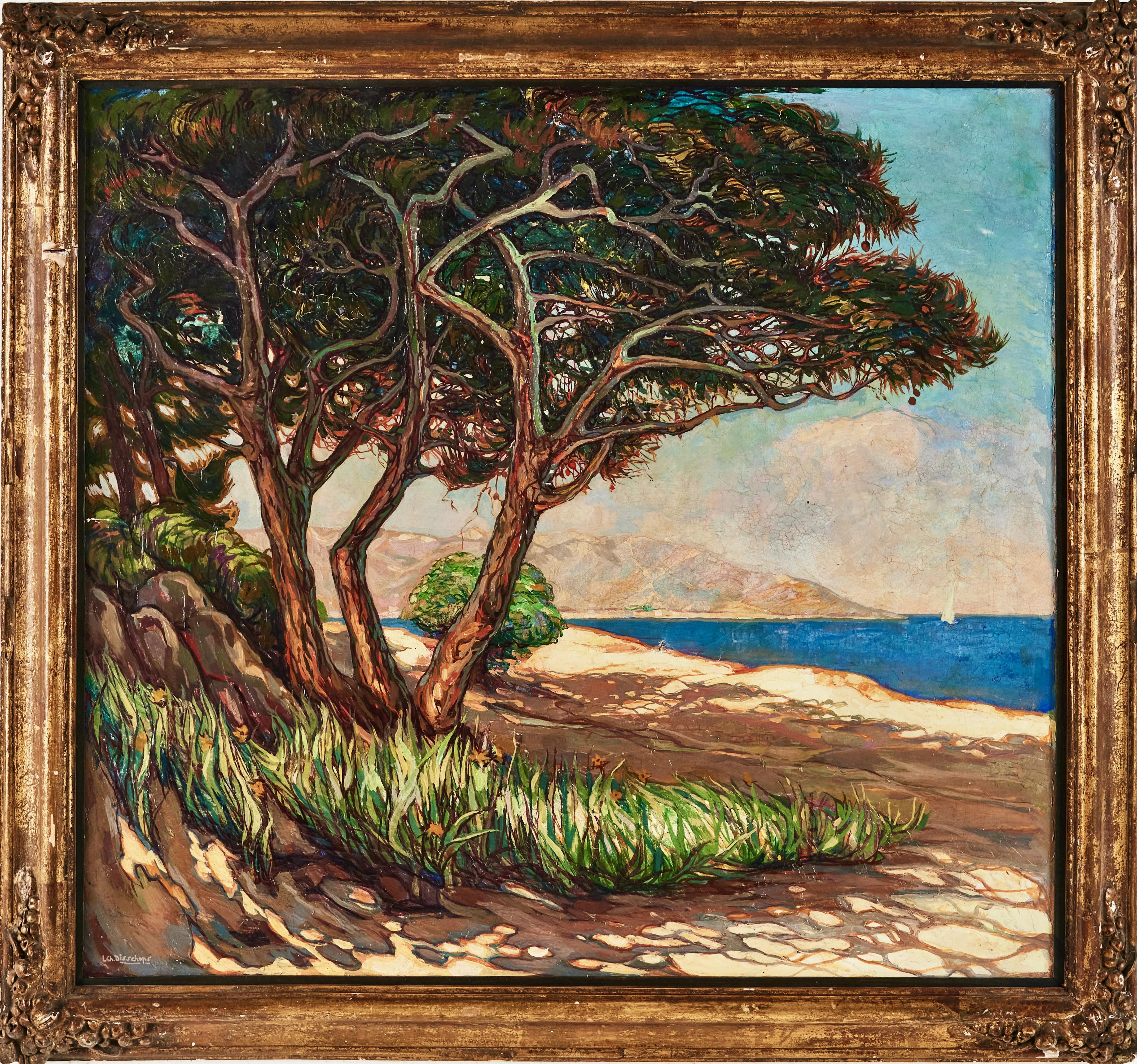 Strand und Baumlandschaft mit Segelboot - Impressionistisches Öl auf Leinwand im Angebot 1