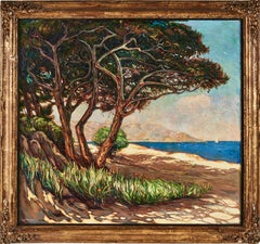 Strand und Baumlandschaft mit Segelboot - Impressionistisches Öl auf Leinwand